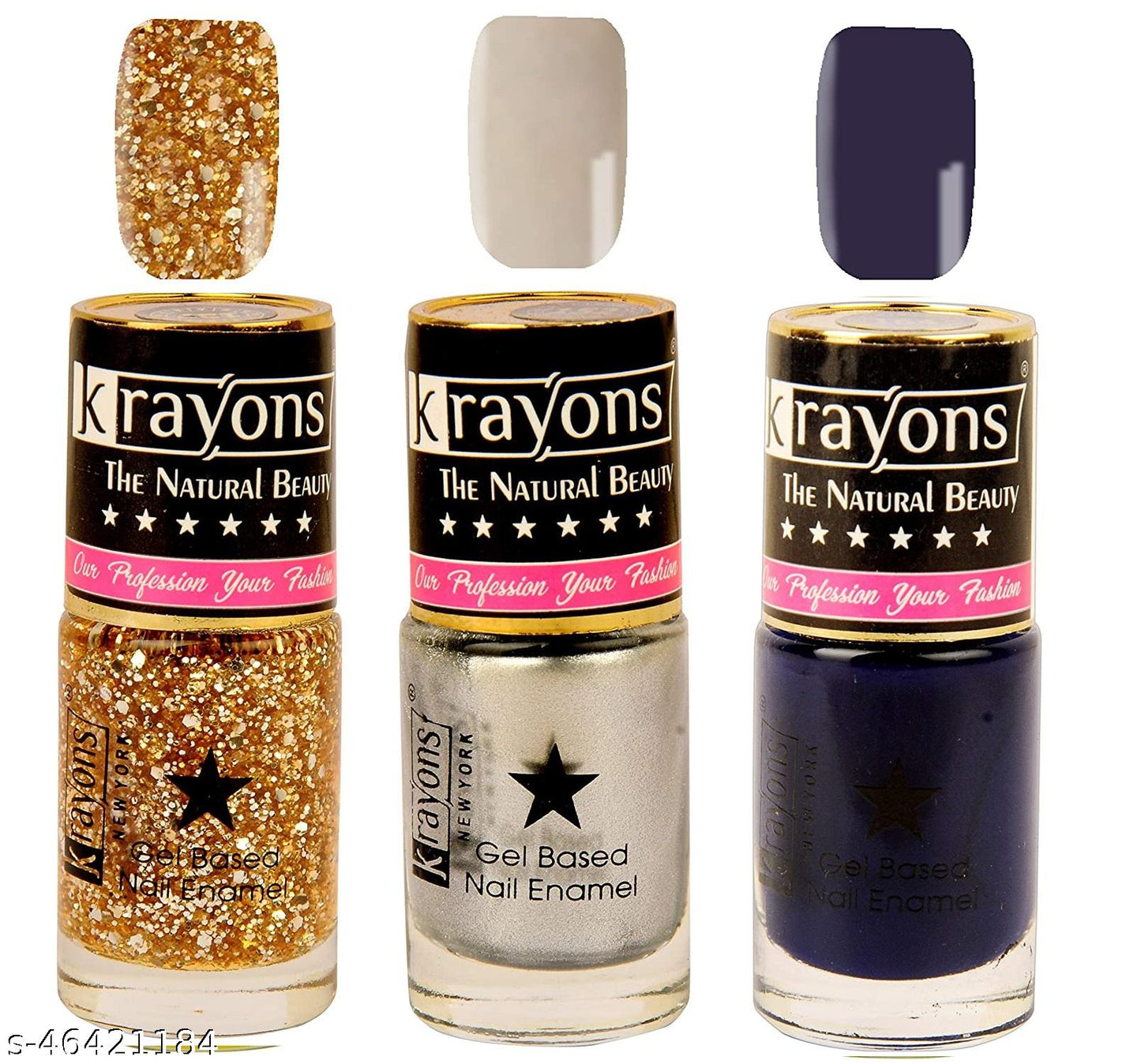 Krayons Gel Base Glossy Effect Nail Polish, Waterproof, Longlasting, Deep Blue, Silver Grey, Shimmer Golden, 6ml Each (Pack of 3)