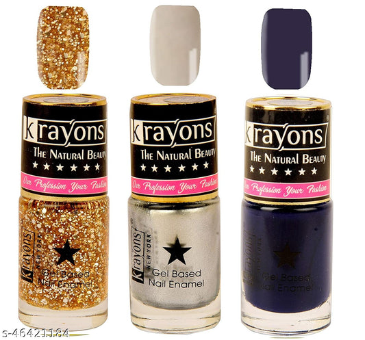 Krayons Gel Base Glossy Effect Nail Polish, Waterproof, Longlasting, Deep Blue, Silver Grey, Shimmer Golden, 6ml Each (Pack of 3)