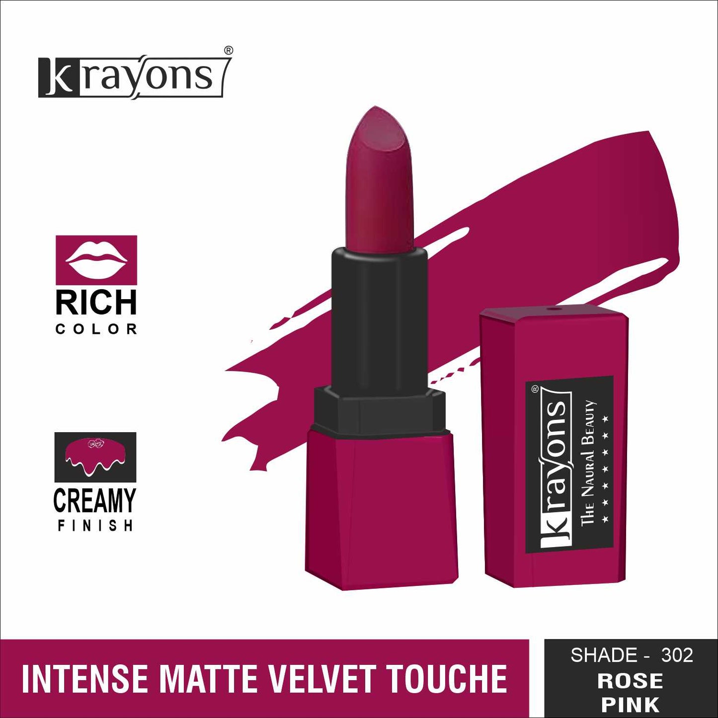 Krayons Intense Matte Lipstick, Creamy Finish, Waterproof, Longlasting, 3.5gm (Rose Red)