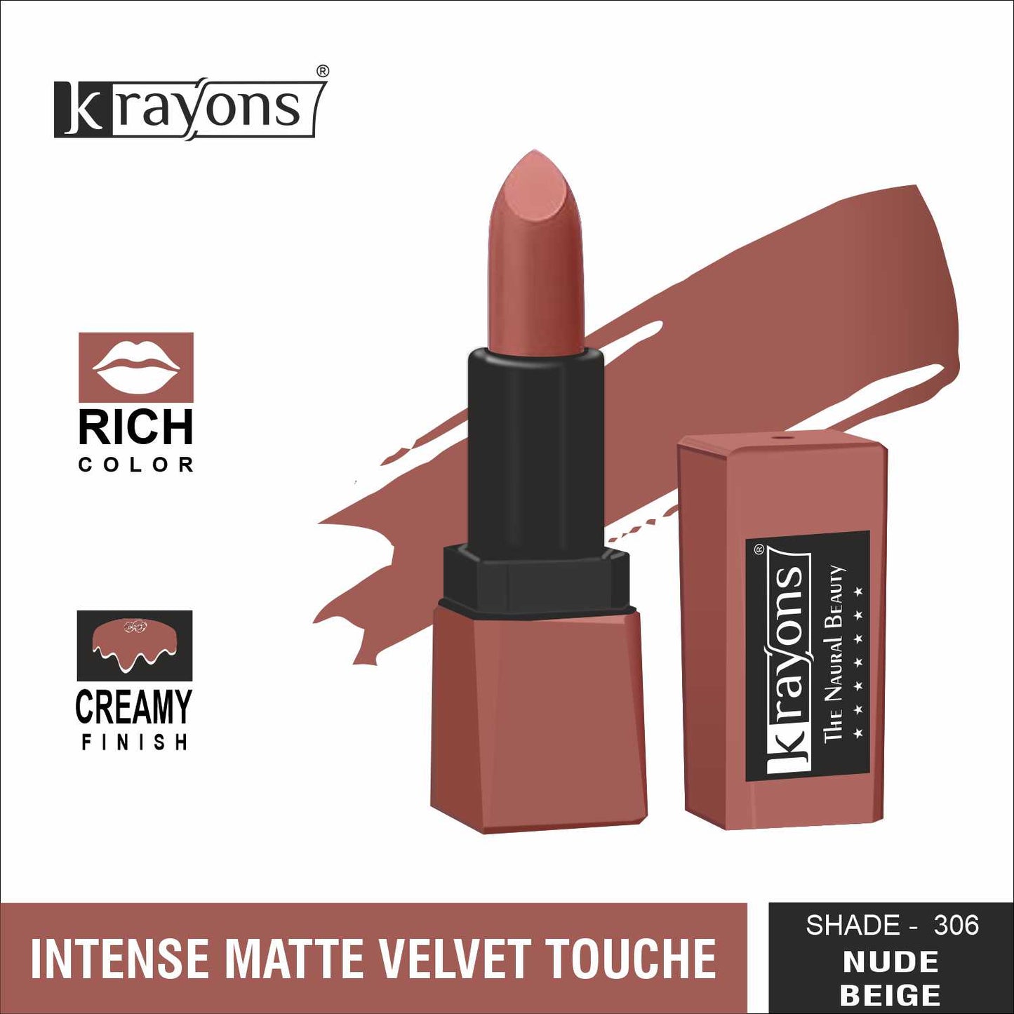 Krayons Intense Matte Lipstick, Creamy Finish, Waterproof, Longlasting, 3.5gm (Nude Beige)