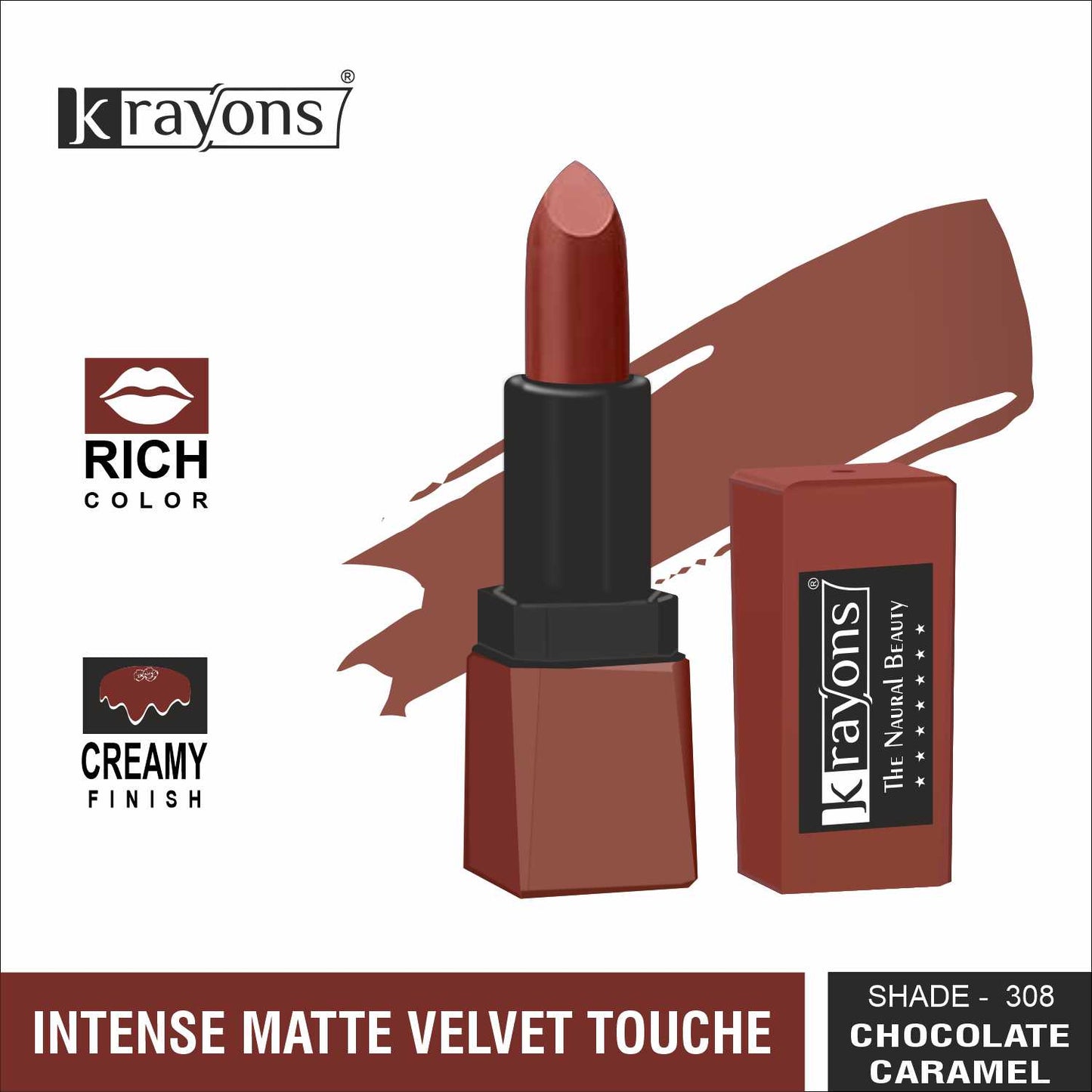 Krayons Intense Matte Lipstick, Creamy Finish, Waterproof, Longlasting, 3.5gm (Chocolate Caramel)