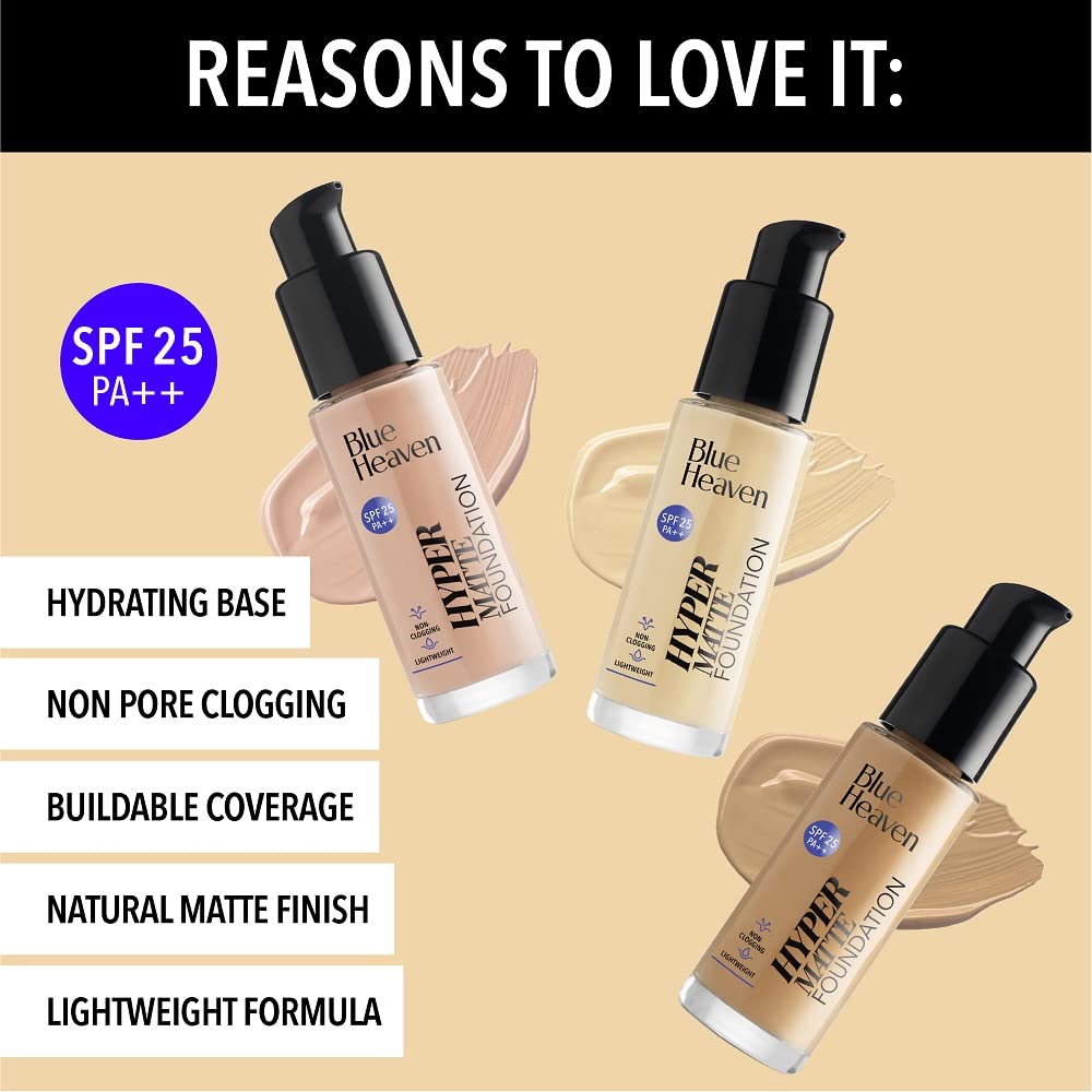 Blue Heaven Hyper Matte Liquid Foundation, Waterproof, Hydrating, Natural, 30ml