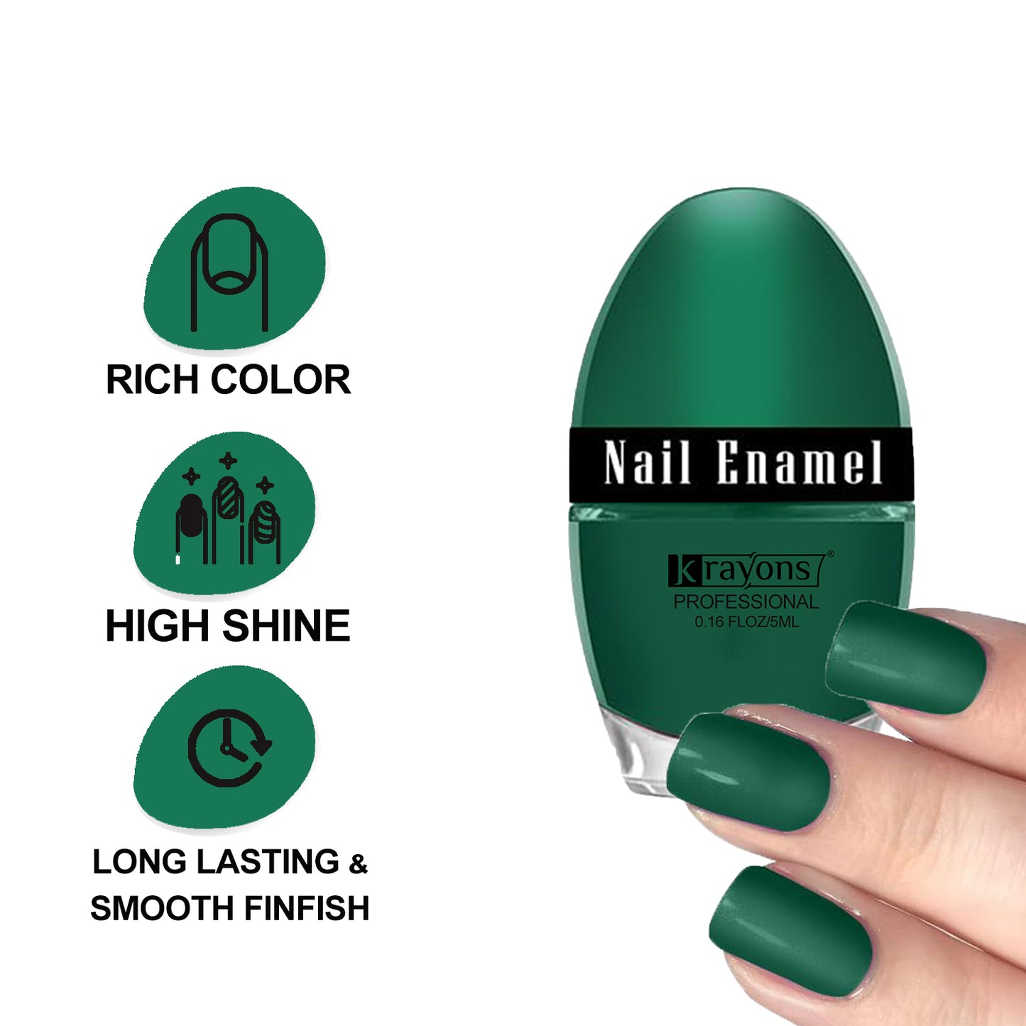 Krayons Professional Glossy Nail Paint, 5ml Each, Pack of 4 (Dark Green, Blue Ink, Black Shadow, Lemon Yellow)