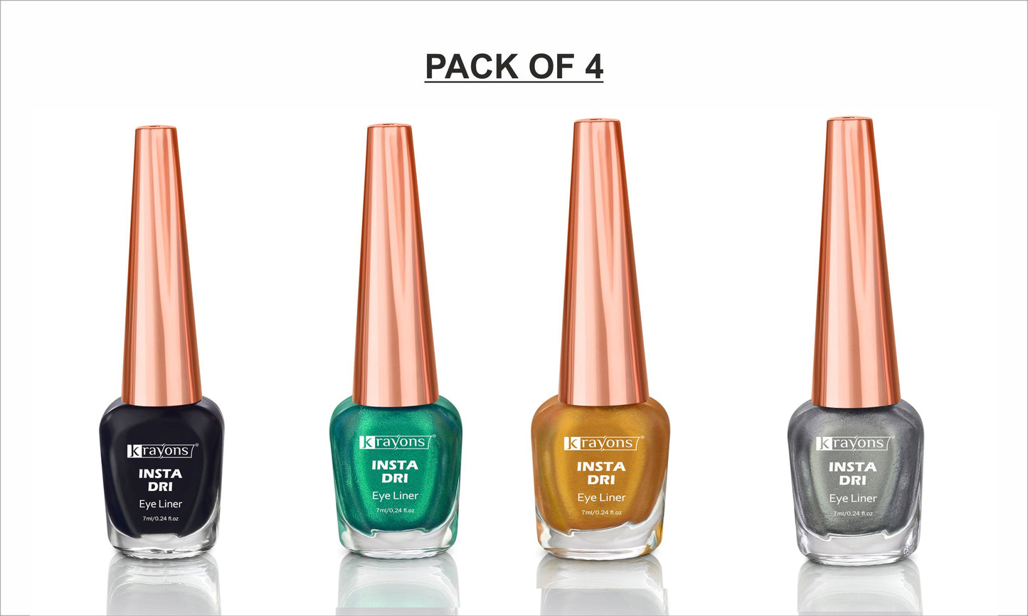Krayons Insta Dri Sparkling Eyeliner, Waterproof, Longlasting, Black, Green, Golden, Silver, 7ml Each, Combo (Pack of 4)