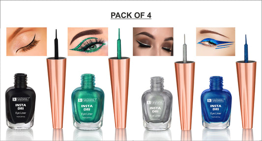 Krayons Insta Dri Sparkling Eyeliner, Waterproof, Longlasting, Black, Green, Silver, Blue, 7ml Each, Combo (Pack of 4)