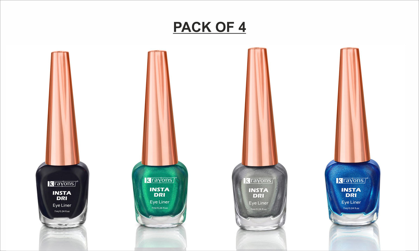 Krayons Insta Dri Sparkling Eyeliner, Waterproof, Longlasting, Black, Green, Silver, Blue, 7ml Each, Combo (Pack of 4)
