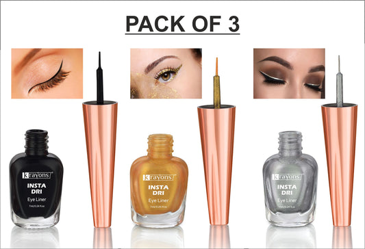 Krayons Insta Dri Sparkling Eyeliner, Black, Silver, Golden, Waterproof, Longlasting, 7ml Each, Combo (Pack of 3)