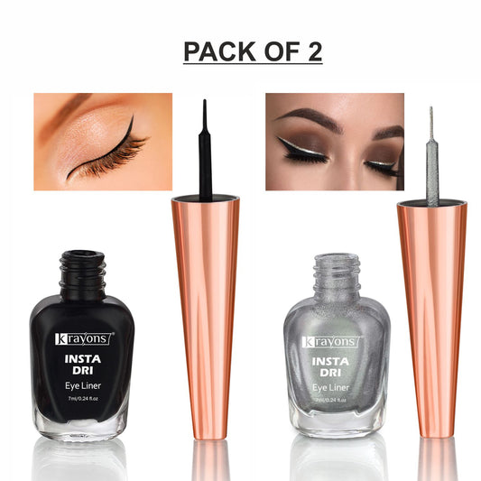 Krayons Insta Dri Sparkling Eyeliner, Black, Silver, Waterproof, Longlasting, 7ml Each, Combo (Pack of 2)