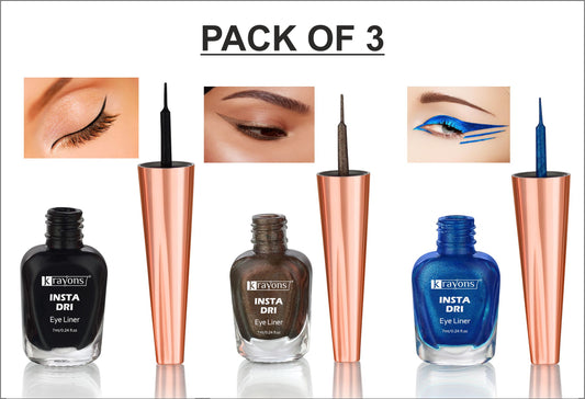 Krayons Insta Dri Sparkling Eyeliner, Black, Brown, Blue, Waterproof, Longlasting, 7ml Each, Combo (Pack of 3)