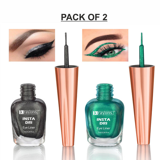 Krayons Insta Dri Sparkling Eyeliner, Grey, Green, Waterproof, Longlasting, 7ml Each, Combo (Pack of 2)