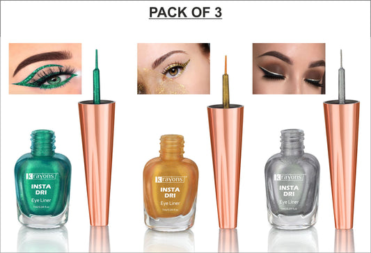 Krayons Insta Dri Sparkling Eyeliner, Green, Golden, Silver, Waterproof, Longlasting, 7ml Each, Combo (Pack of 3)