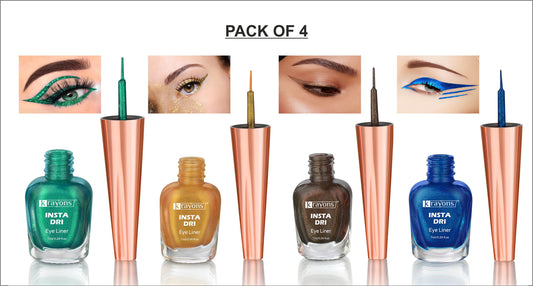 Krayons Insta Dri Sparkling Eyeliner, Waterproof, Longlasting, Golden, Green, Brown, Blue, 7ml Each, Combo (Pack of 4)