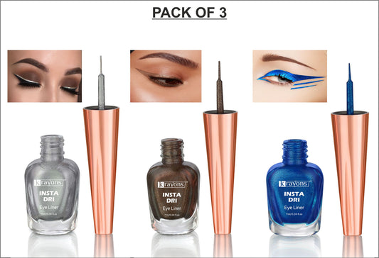Krayons Insta Dri Sparkling Eyeliner, Silver, Brown, Blue, Waterproof, Longlasting, 7ml Each, Combo (Pack of 3)
