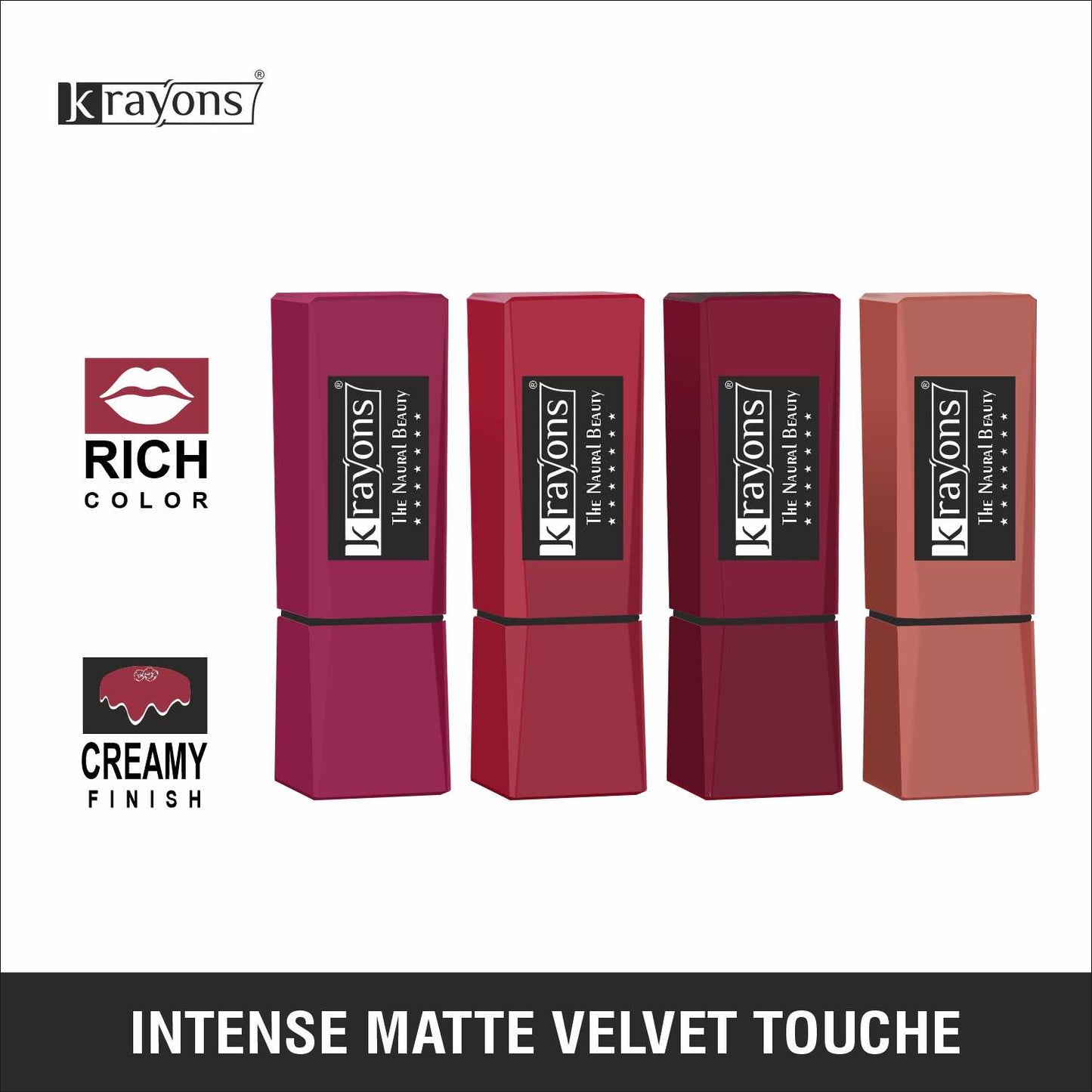 Krayons Intense Matte Lipstick, Waterproof, Longlasting, Rose Red, Scarlet Red, Cherry Maroon, Nude Beige, 3.5gm Each (Pack of 4)