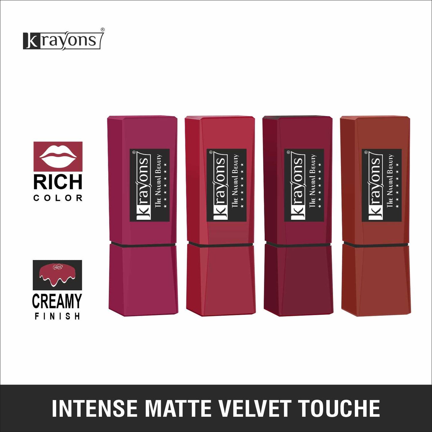 Krayons Intense Matte Lipstick, Waterproof, Longlasting, Rose Red, Scarlet Red, Cherry Maroon, Chocolate Caramel, 3.5gm Each (Pack of 4)