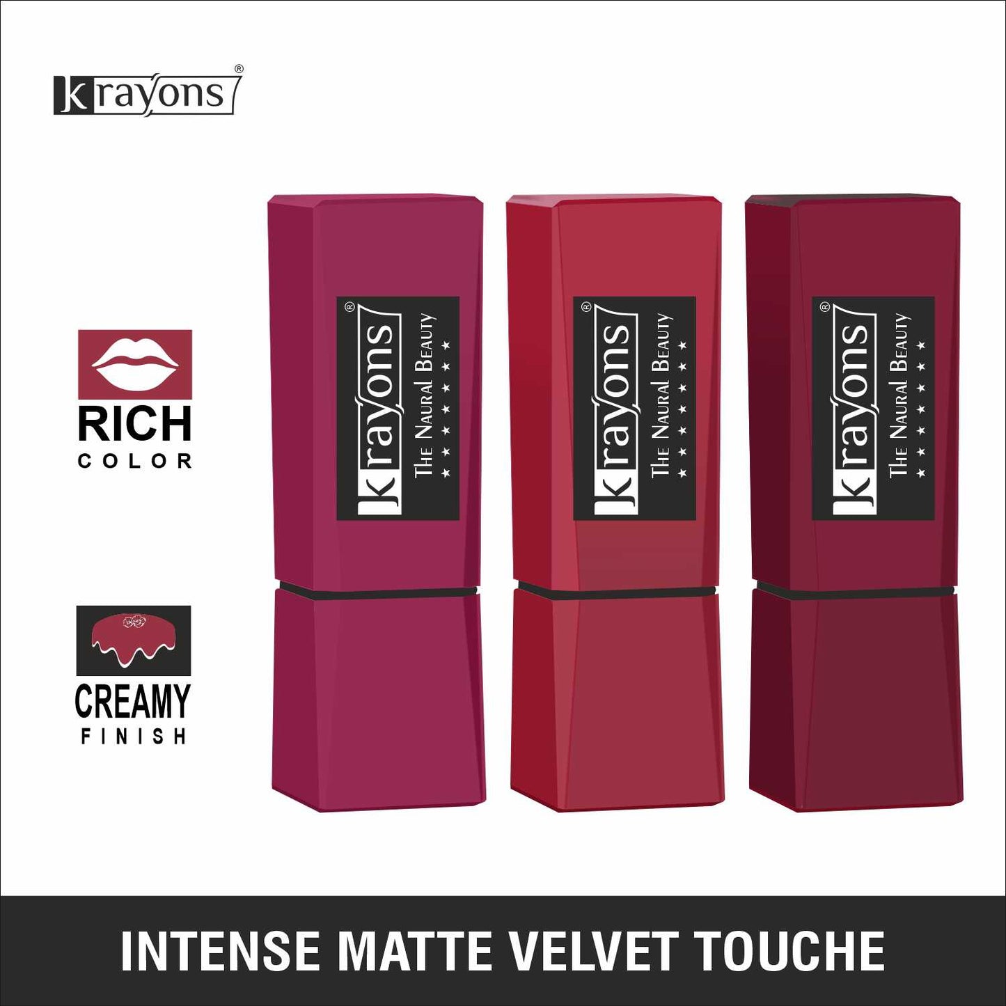 Krayons Intense Matte Lipstick, Waterproof, Longlasting, Rode Red, Scarlet Red, Cherry Maroon, 3.5gm Each (Pack of 3)