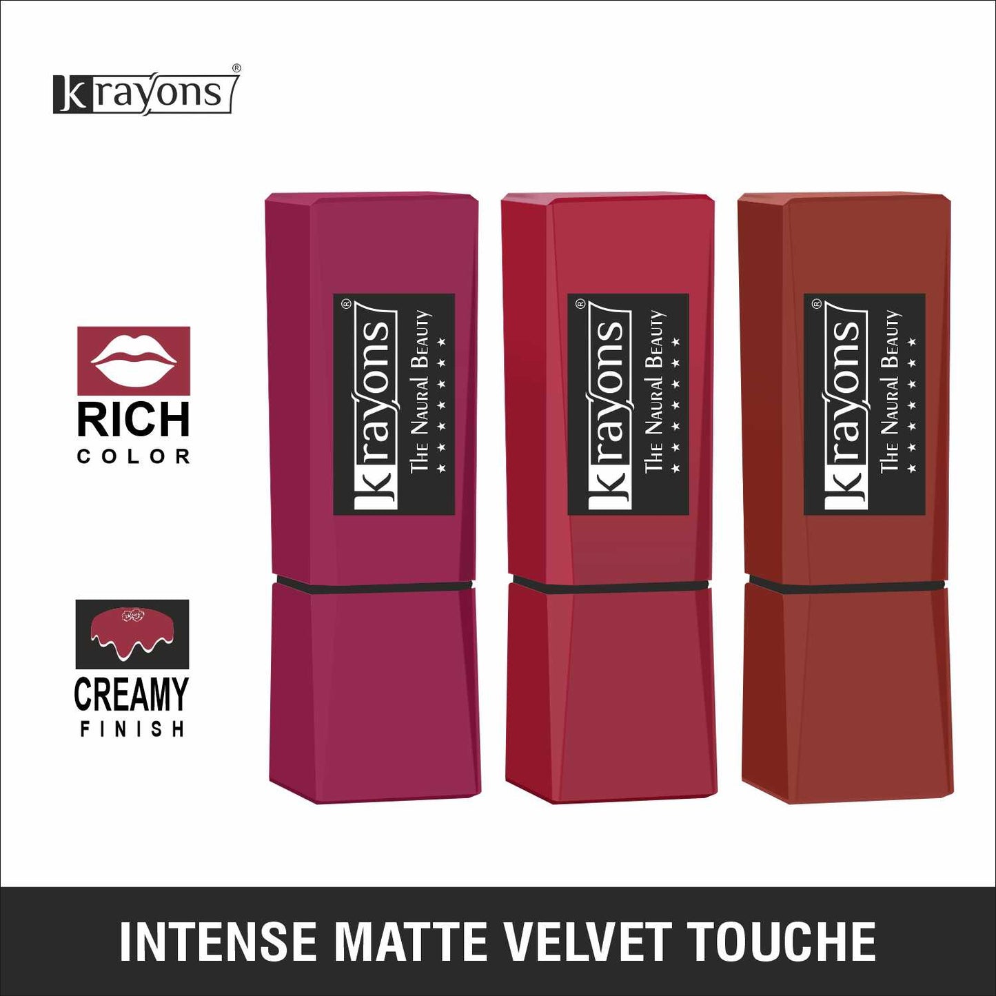 Krayons Intense Matte Lipstick, Waterproof, Longlasting, Rose Red, Scarlet Red, Chocolate Caramel, 3.5gm Each (Pack of 3)
