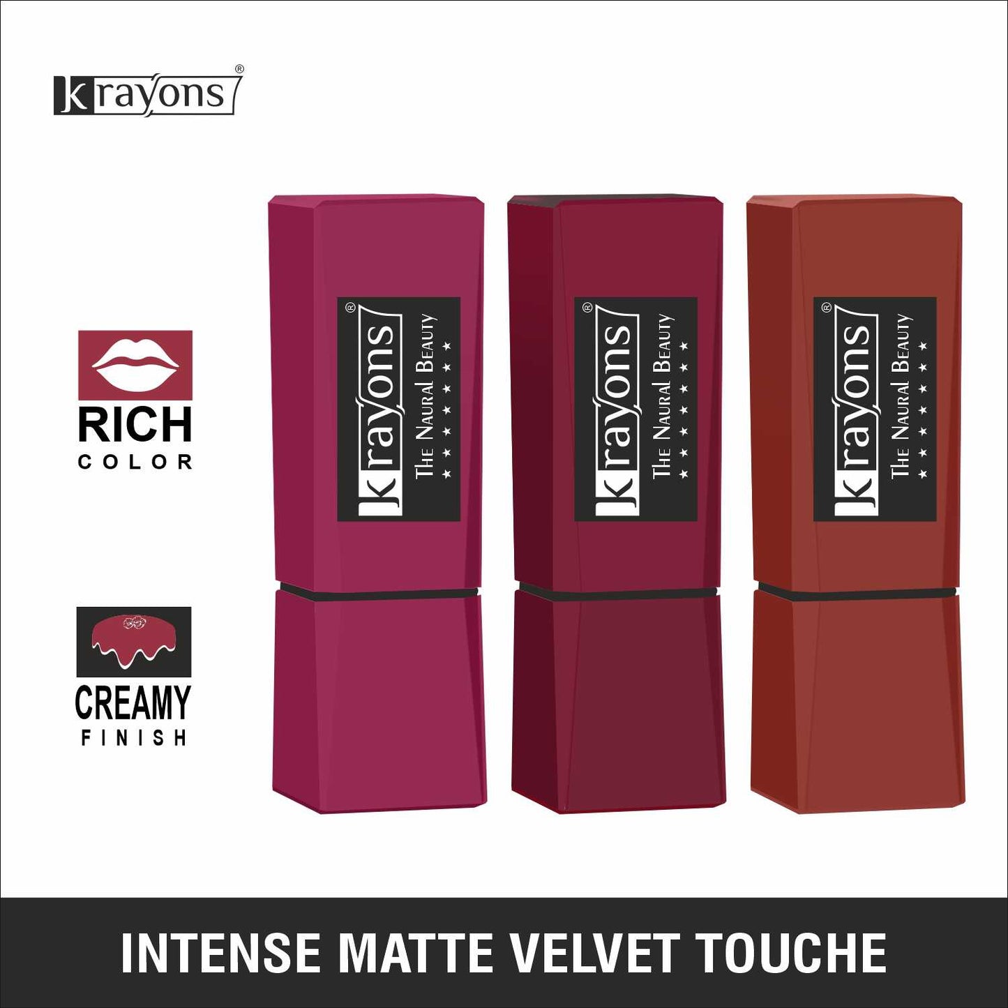 Krayons Intense Matte Lipstick, Waterproof, Longlasting, Rose Red, Cherry Maroon, Chocolate Caramel, 3.5gm Each (Pack of 3)