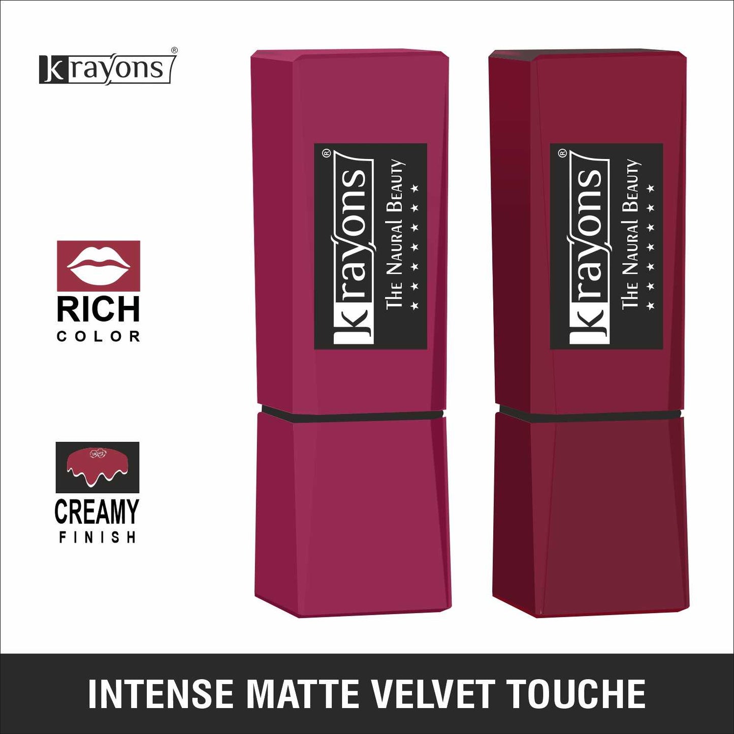 Krayons Intense Matte Lipstick, Waterproof, Longlasting, Rose Red, Cherry Maroon, 3.5gm Each (Pack of 2)