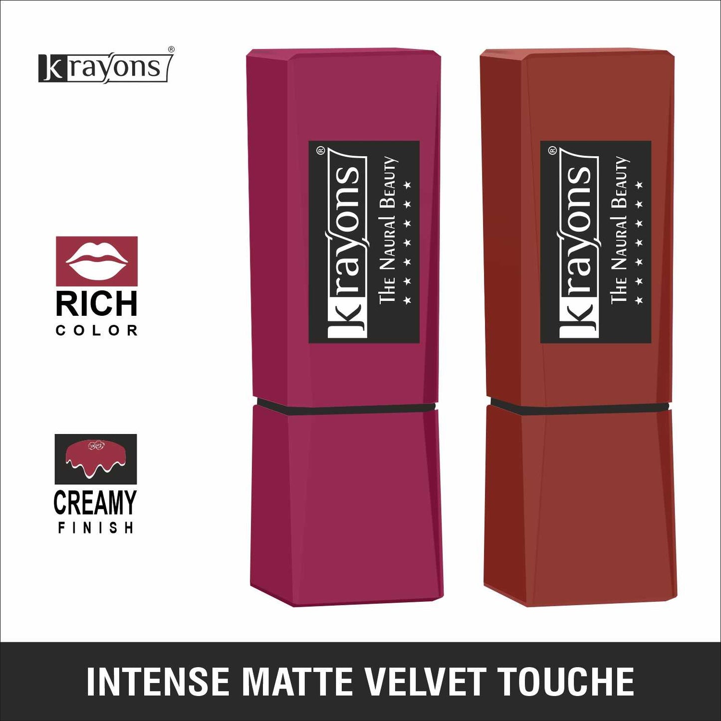 Krayons Intense Matte Lipstick, Waterproof, Longlasting, Rose Red, Chocolate Caramel, 3.5gm Each (Pack of 2)