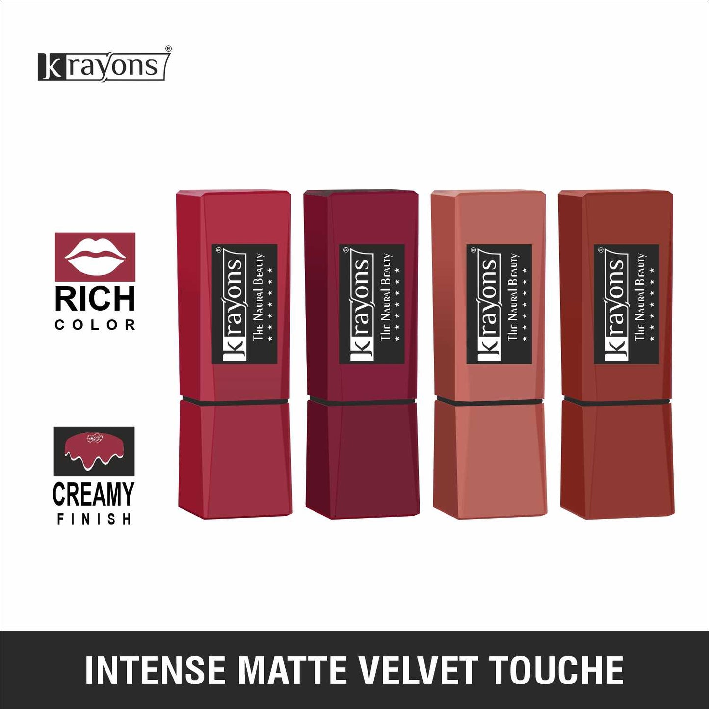 Krayons Intense Matte Lipstick, Waterproof, Longlasting, Scarlet Red, Cherry Maroon, Nude Beige, Chocolate Caramel, 3.5gm Each (Pack of 4)