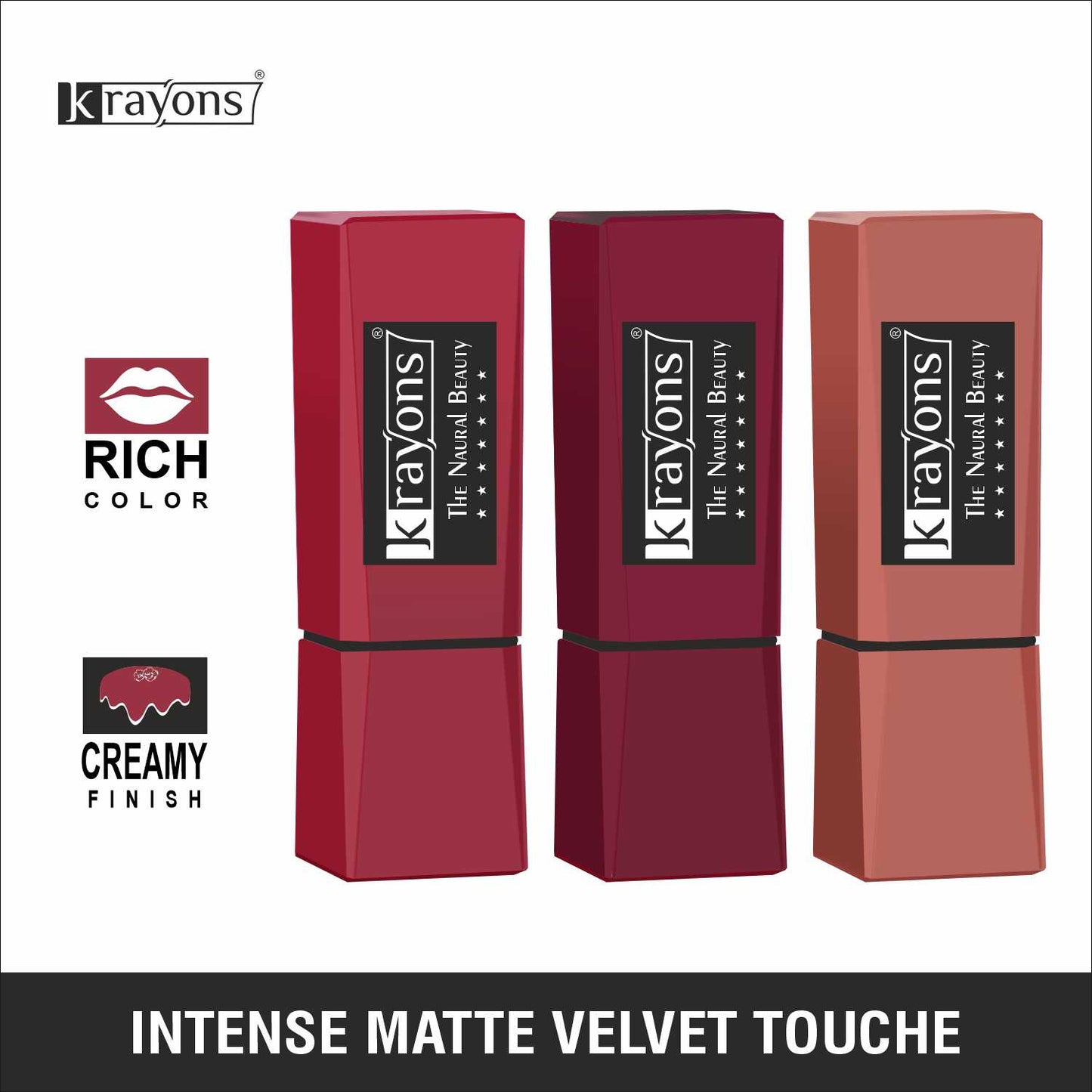 Krayons Intense Matte Lipstick, Waterproof, Longlasting, Scarlet Red, Cherry Maroon, Nude Beige, 3.5gm Each (Pack of 3)
