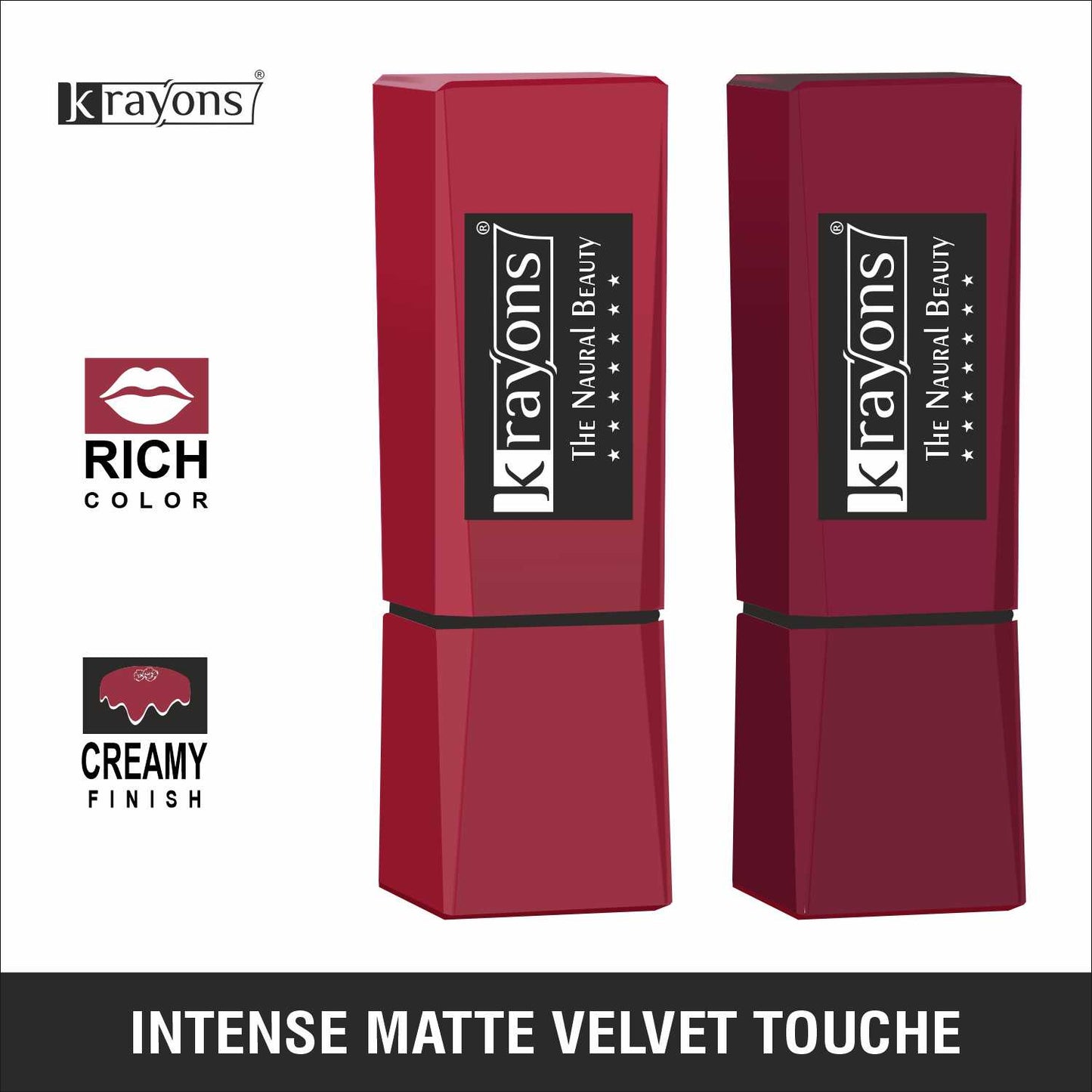 Krayons Intense Matte Lipstick, Waterproof, Longlasting, Scarlet Red, Cherry Maroon, 3.5gm Each (Pack of 2)