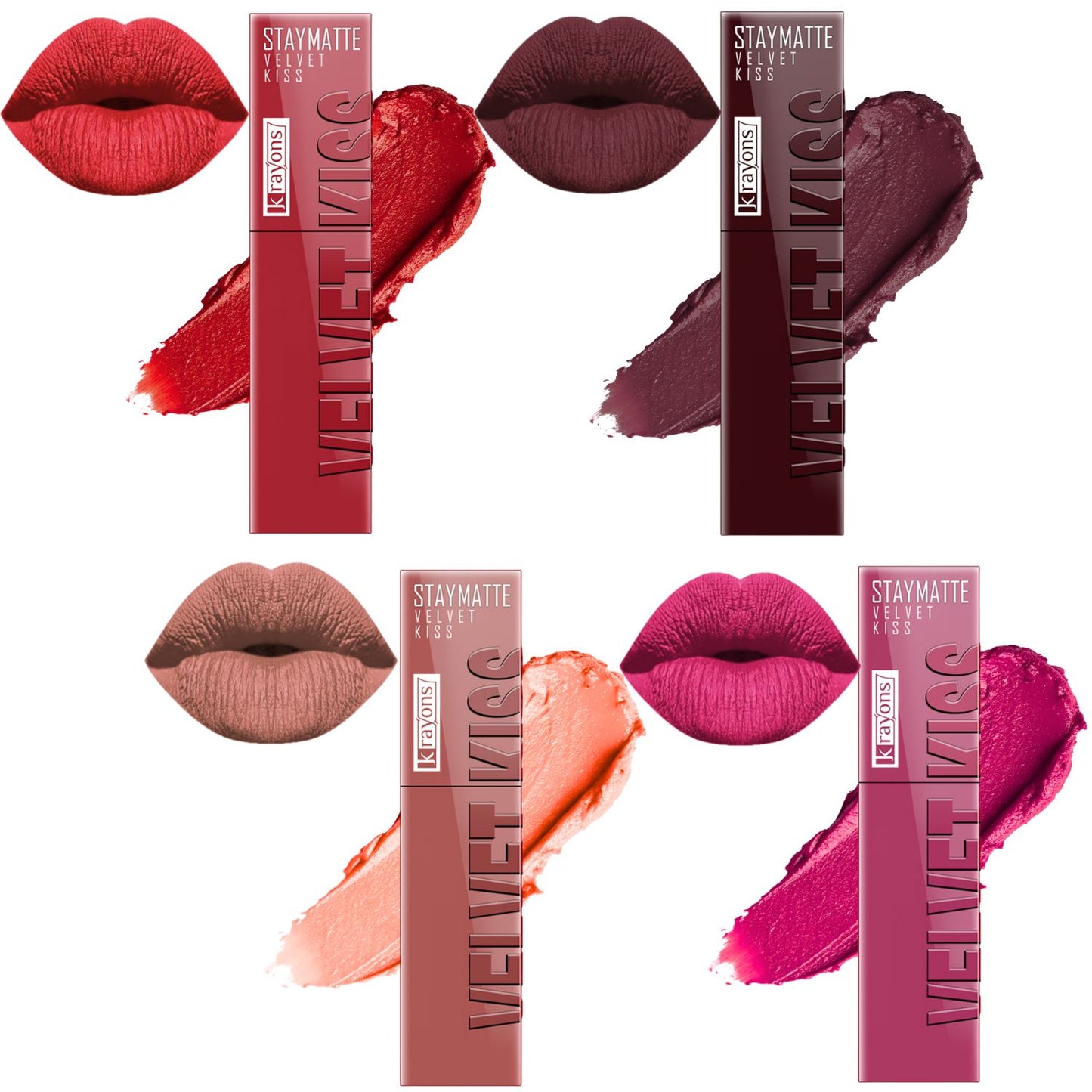 Krayons Velvet Kiss Liquid Lipstick |12hrs long stay|Intense Color Payoff | Weightless Matte Finish | Smudgeproof & Transferproof Lipstick for Women,Lipstick Combo Pack| Scarlet Red,Burnt Maroon,Sheer Nude,Pink Punch,14ml- PACK OF 4