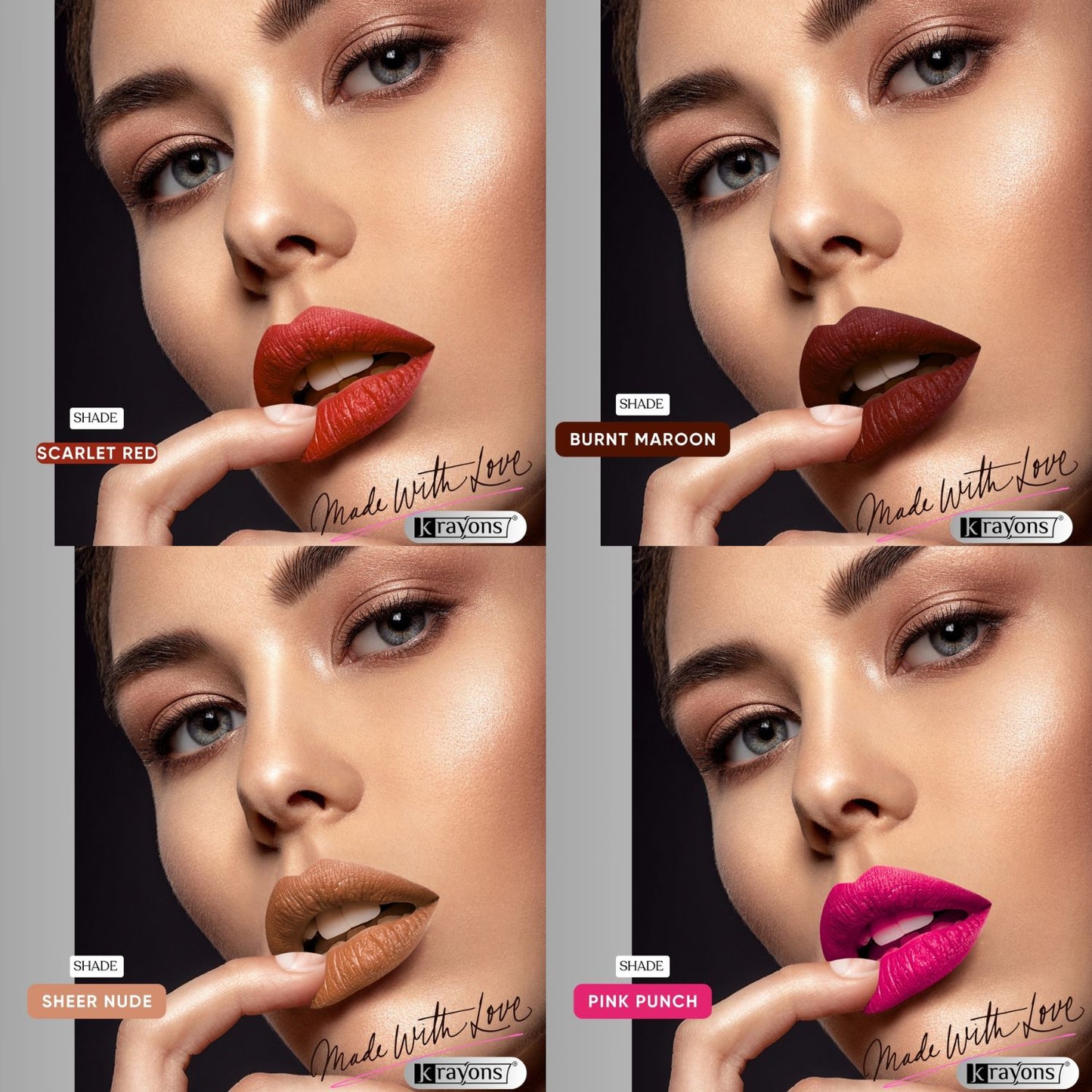 Krayons Velvet Kiss Liquid Lipstick |12hrs long stay|Intense Color Payoff | Weightless Matte Finish | Smudgeproof & Transferproof Lipstick for Women,Lipstick Combo Pack| Scarlet Red,Burnt Maroon,Sheer Nude,Pink Punch,14ml- PACK OF 4