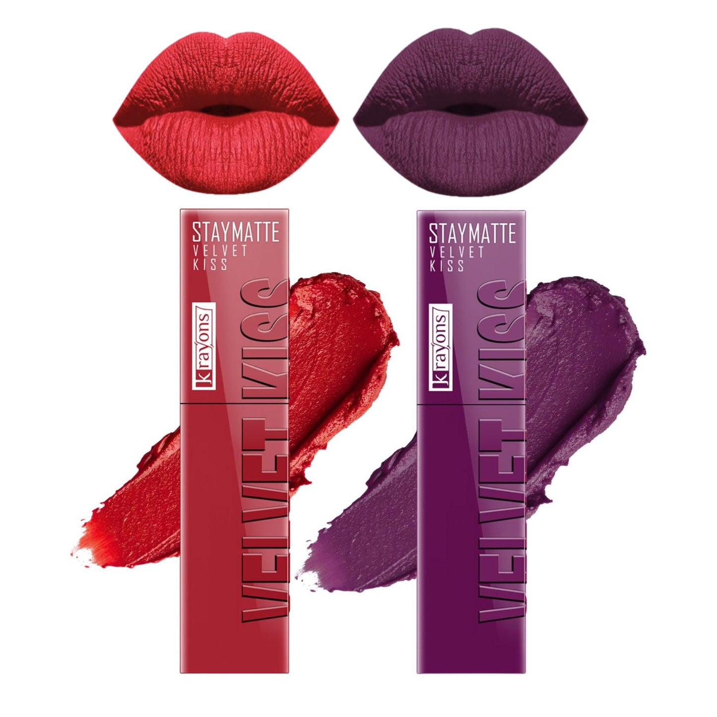 Krayons Velvet Kiss Liquid Lipstick |12hrs long stay|Intense Color Payoff | Weightless Matte Finish | Smudgeproof & Transferproof Lipstick for Women,Lipstick Combo Pack| Scarlet Red,Burgundy,7 ml- PACK OF 2