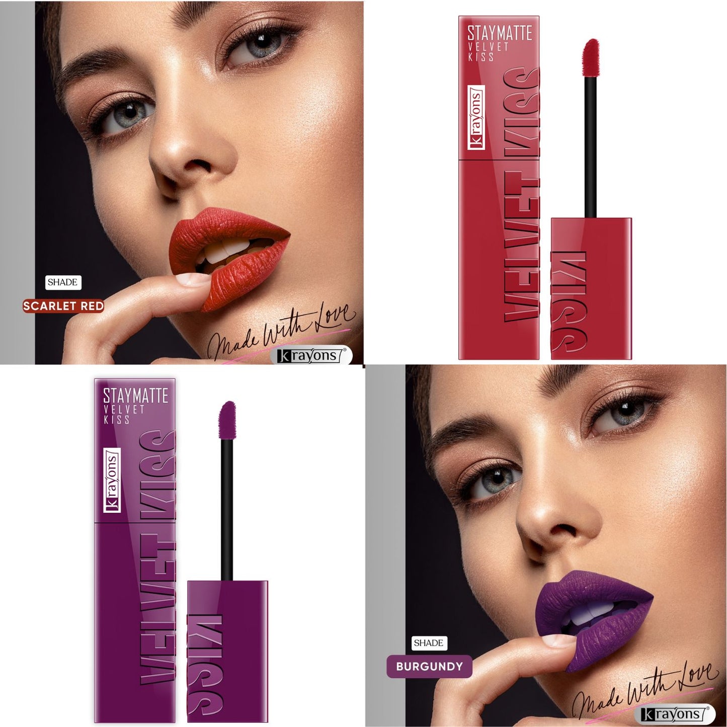 Krayons Velvet Kiss Liquid Lipstick |12hrs long stay|Intense Color Payoff | Weightless Matte Finish | Smudgeproof & Transferproof Lipstick for Women,Lipstick Combo Pack| Scarlet Red,Burgundy,7 ml- PACK OF 2