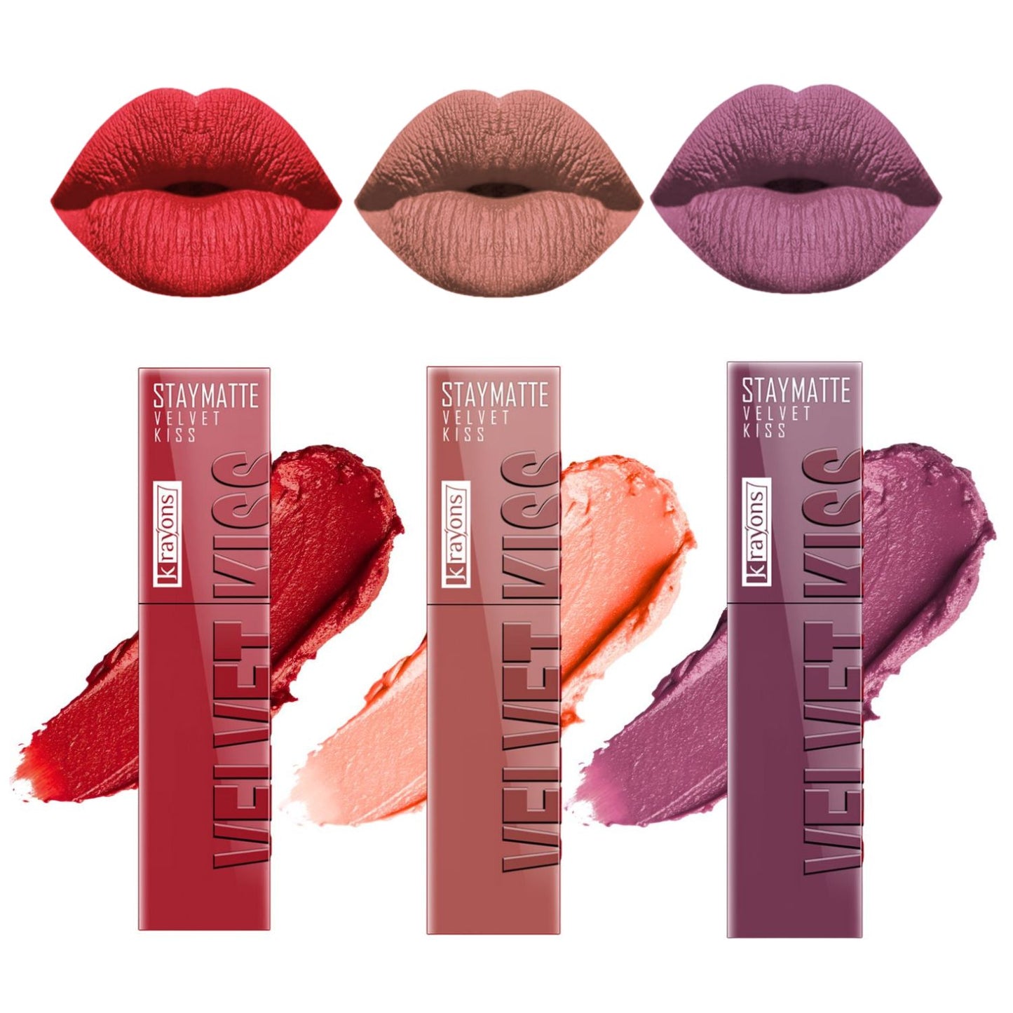 Krayons Velvet Kiss Liquid Lipstick |12hrs long stay|Intense Color Payoff | Weightless Matte Finish | Smudgeproof & Transferproof Lipstick for Women,Lipstick Combo Pack| Scarlet Red,Sheer Nude,Orchid Love,10.5 ml- PACK OF 3