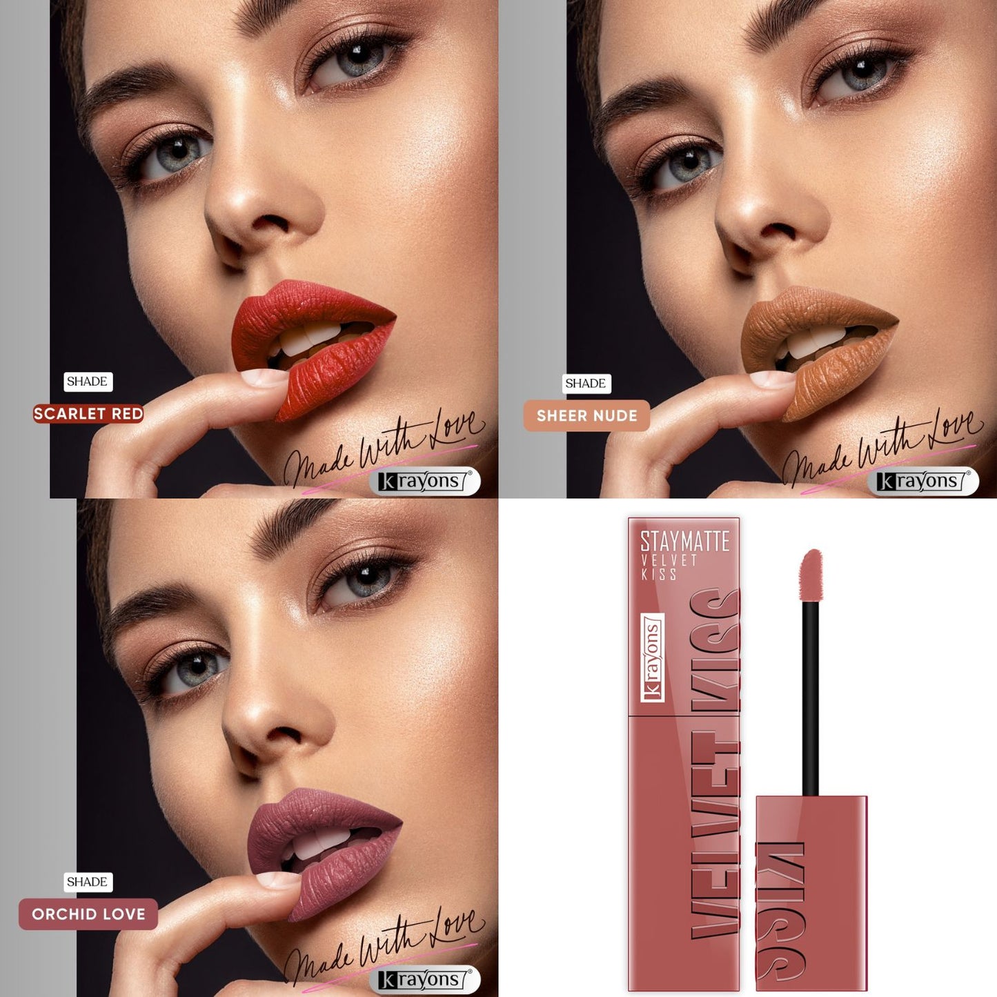 Krayons Velvet Kiss Liquid Lipstick |12hrs long stay|Intense Color Payoff | Weightless Matte Finish | Smudgeproof & Transferproof Lipstick for Women,Lipstick Combo Pack| Scarlet Red,Sheer Nude,Orchid Love,10.5 ml- PACK OF 3
