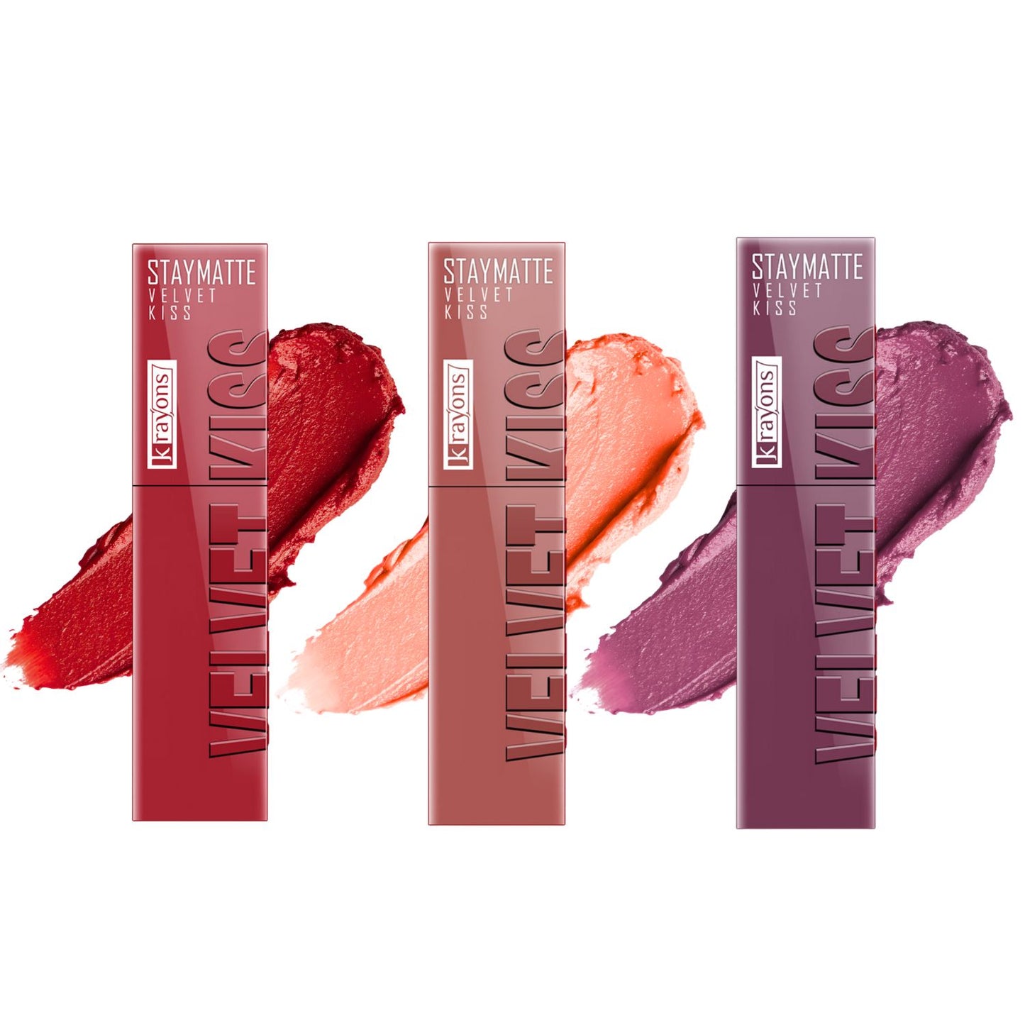 Krayons Velvet Kiss Liquid Lipstick |12hrs long stay|Intense Color Payoff | Weightless Matte Finish | Smudgeproof & Transferproof Lipstick for Women,Lipstick Combo Pack| Scarlet Red,Sheer Nude,Orchid Love,10.5 ml- PACK OF 3
