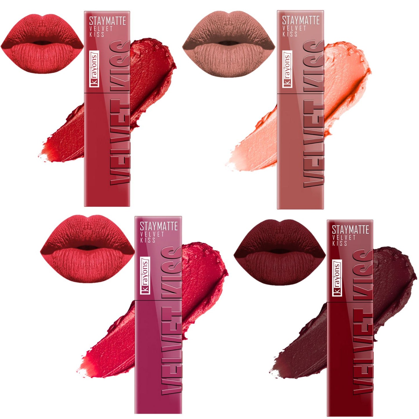 Krayons Velvet Kiss Liquid Lipstick |12hrs long stay|Intense Color Payoff | Weightless Matte Finish | Smudgeproof & Transferproof Lipstick for Women,Lipstick Combo Pack| Scarlet Red,Sheer Nude,Peach Pink,Wow Maroon,14ml- PACK OF 4