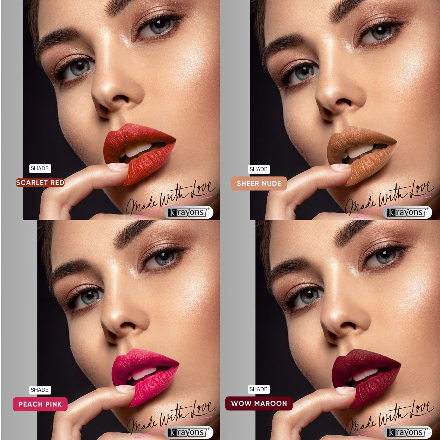 Krayons Velvet Kiss Liquid Lipstick |12hrs long stay|Intense Color Payoff | Weightless Matte Finish | Smudgeproof & Transferproof Lipstick for Women,Lipstick Combo Pack| Scarlet Red,Sheer Nude,Peach Pink,Wow Maroon,14ml- PACK OF 4
