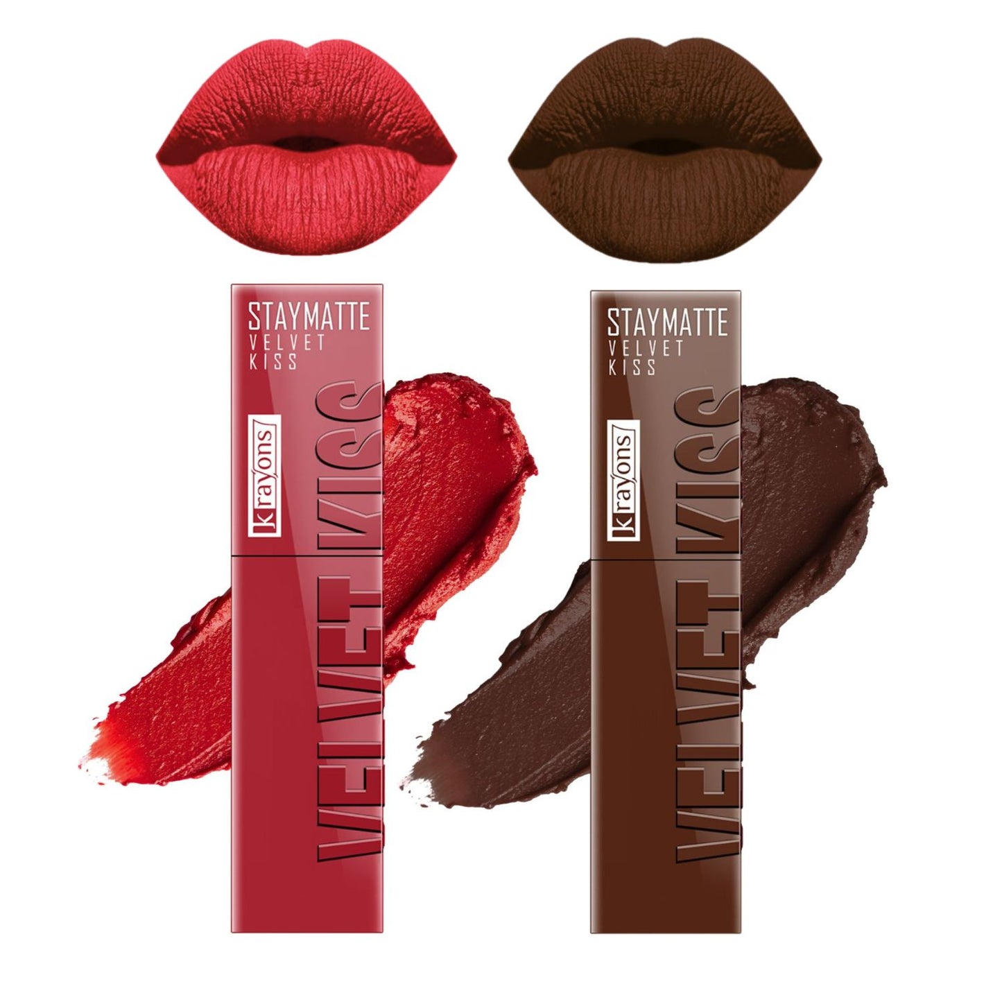 Krayons Velvet Kiss Liquid Lipstick |12hrs long stay|Intense Color Payoff | Weightless Matte Finish | Smudgeproof & Transferproof Lipstick for Women,Lipstick Combo Pack| Scarlet Red,Dark Chocolate,7 ml- PACK OF 2