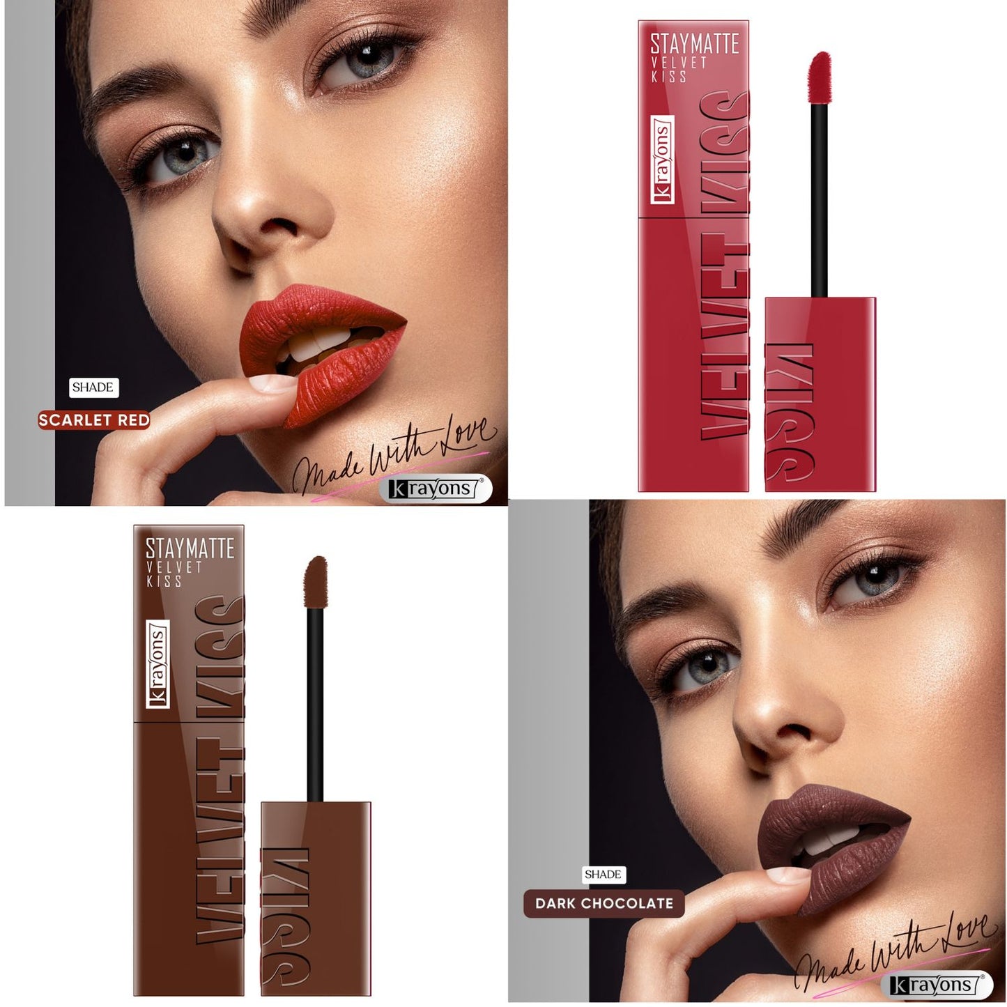 Krayons Velvet Kiss Liquid Lipstick |12hrs long stay|Intense Color Payoff | Weightless Matte Finish | Smudgeproof & Transferproof Lipstick for Women,Lipstick Combo Pack| Scarlet Red,Dark Chocolate,7 ml- PACK OF 2