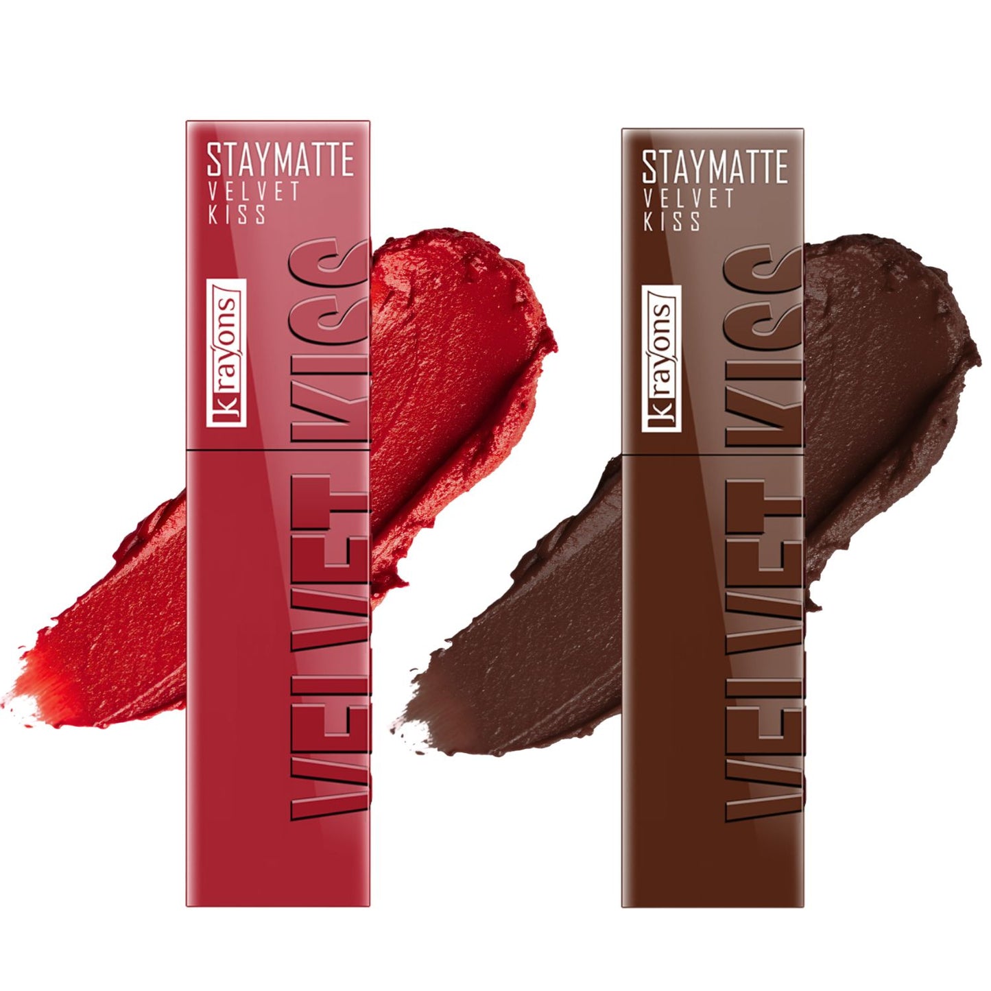 Krayons Velvet Kiss Liquid Lipstick |12hrs long stay|Intense Color Payoff | Weightless Matte Finish | Smudgeproof & Transferproof Lipstick for Women,Lipstick Combo Pack| Scarlet Red,Dark Chocolate,7 ml- PACK OF 2