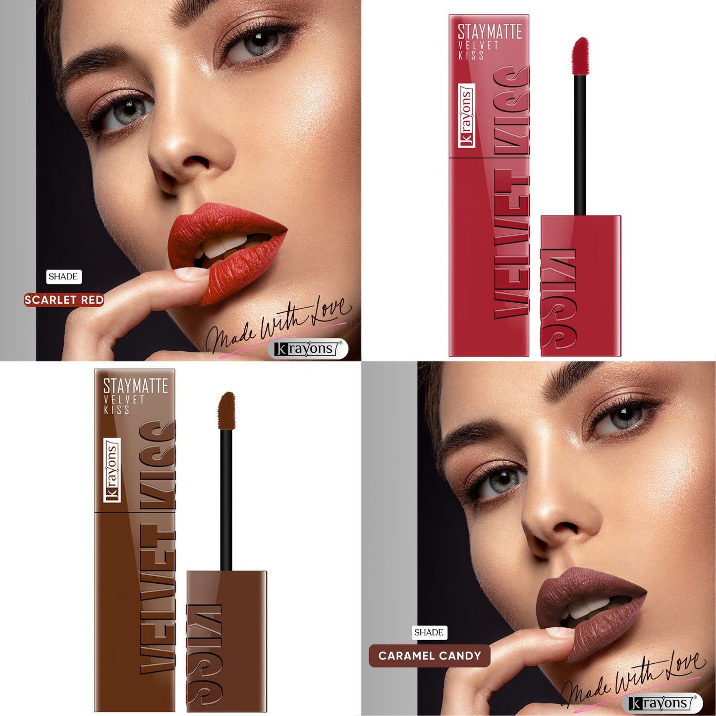 Krayons Velvet Kiss Liquid Lipstick |12hrs long stay|Intense Color Payoff | Weightless Matte Finish | Smudgeproof & Transferproof Lipstick for Women,Lipstick Combo Scarlet Red,Caramel Cand,7 ml- PACK OF 2