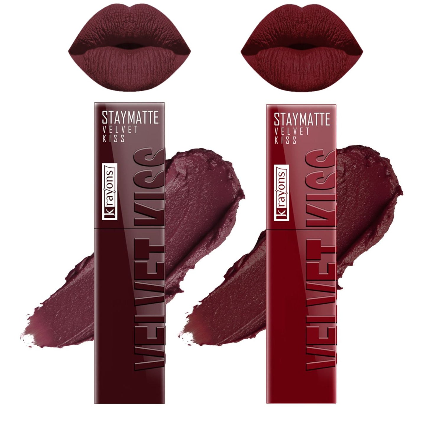 Krayons Velvet Kiss Liquid Lipstick |12hrs long stay|Intense Color Payoff | Weightless Matte Finish | Smudgeproof & Transferproof Lipstick for Women,Lipstick Combo Pack| Burnt Maroon,Wow Maroon,7 ml- PACK OF 2