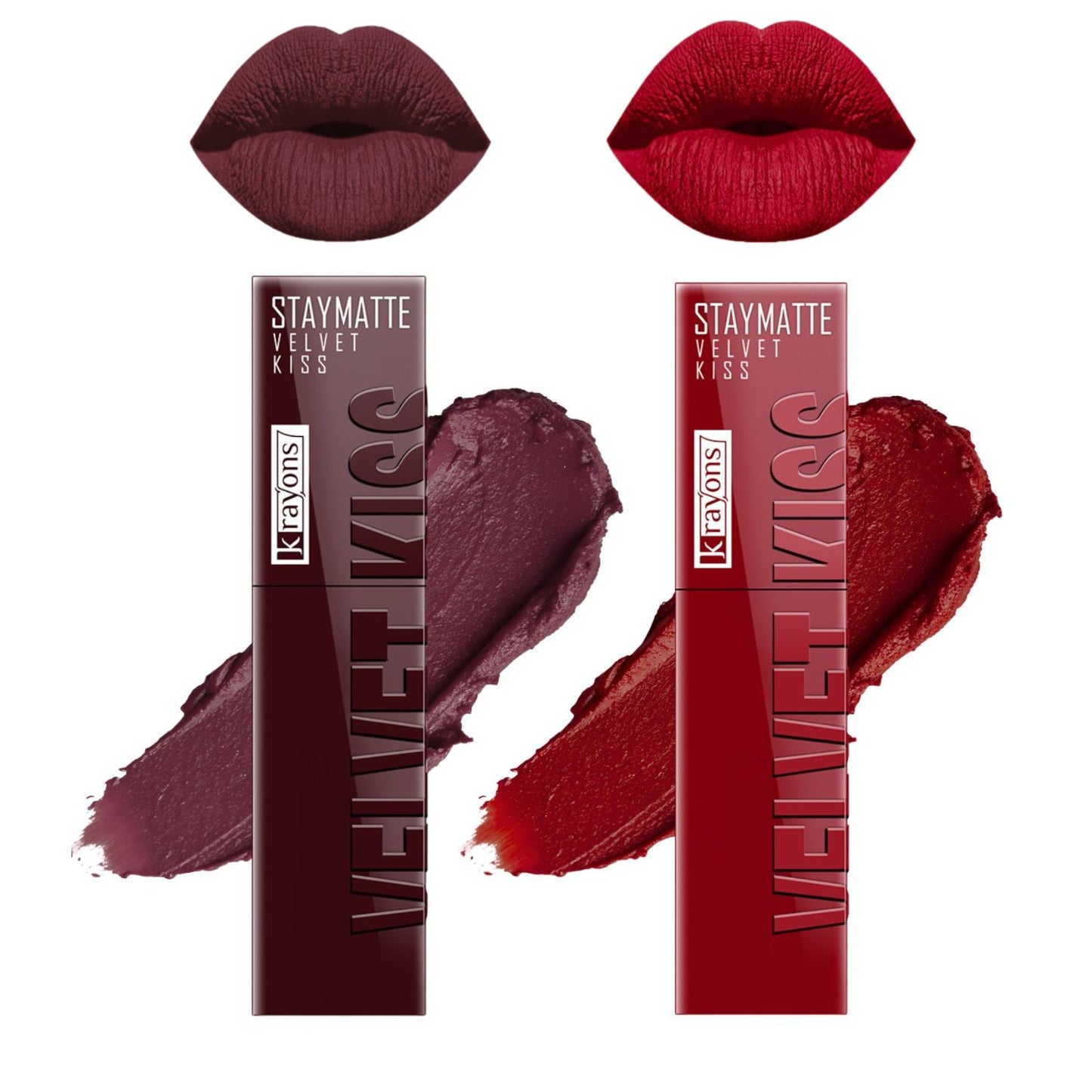 Krayons Velvet Kiss Liquid Lipstick |12hrs long stay|Intense Color Payoff | Weightless Matte Finish | Smudgeproof & Transferproof Lipstick for Women,Lipstick Combo Pack| Burnt Maroon,Ruby Red,7 ml- PACK OF 2