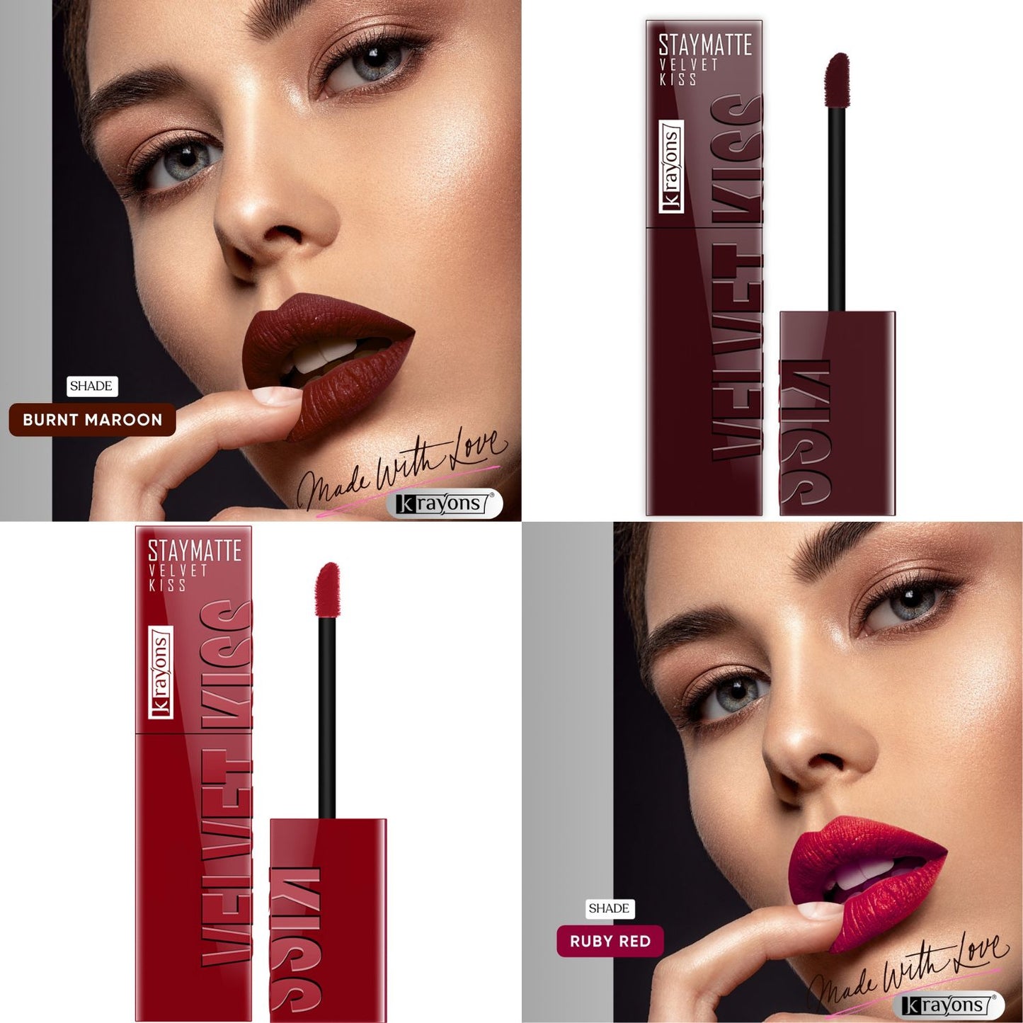 Krayons Velvet Kiss Liquid Lipstick |12hrs long stay|Intense Color Payoff | Weightless Matte Finish | Smudgeproof & Transferproof Lipstick for Women,Lipstick Combo Pack| Burnt Maroon,Ruby Red,7 ml- PACK OF 2