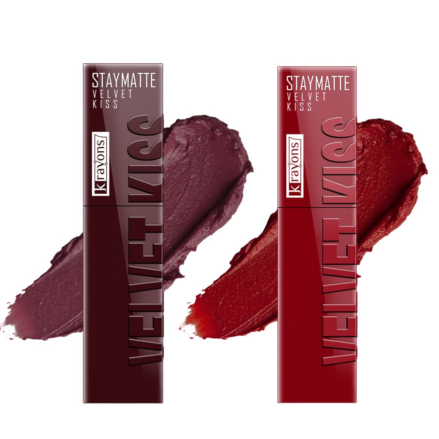 Krayons Velvet Kiss Liquid Lipstick |12hrs long stay|Intense Color Payoff | Weightless Matte Finish | Smudgeproof & Transferproof Lipstick for Women,Lipstick Combo Pack| Burnt Maroon,Ruby Red,7 ml- PACK OF 2
