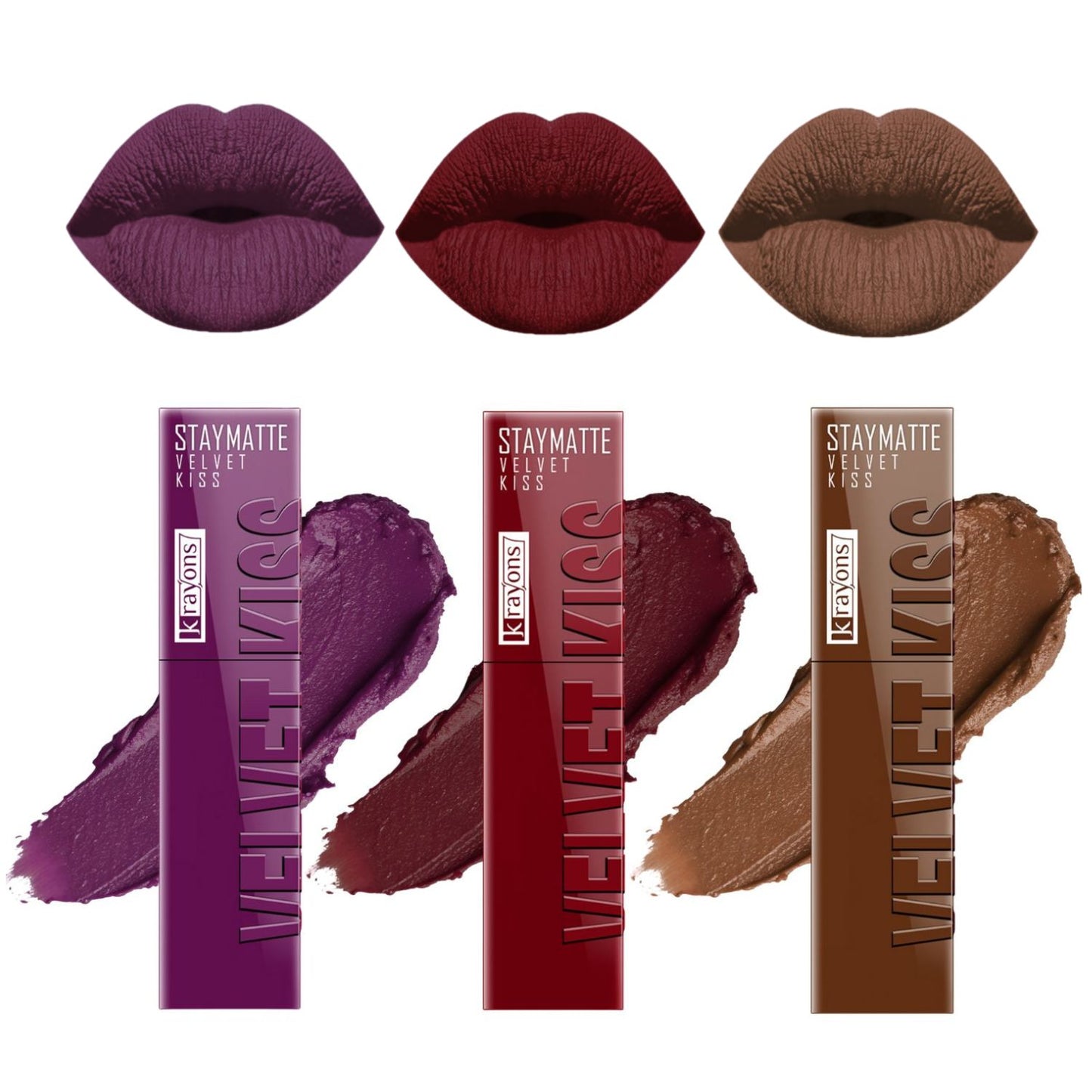 Krayons Velvet Kiss Liquid Lipstick |12hrs long stay|Intense Color Payoff | Weightless Matte Finish | Smudgeproof & Transferproof Lipstick for Women,Lipstick Combo Pack| Burgundy,Wow Maroon,Caramel Candy,10.5 ml- PACK OF 3