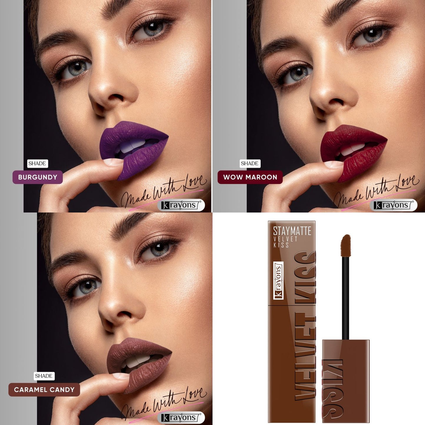 Krayons Velvet Kiss Liquid Lipstick |12hrs long stay|Intense Color Payoff | Weightless Matte Finish | Smudgeproof & Transferproof Lipstick for Women,Lipstick Combo Pack| Burgundy,Wow Maroon,Caramel Candy,10.5 ml- PACK OF 3