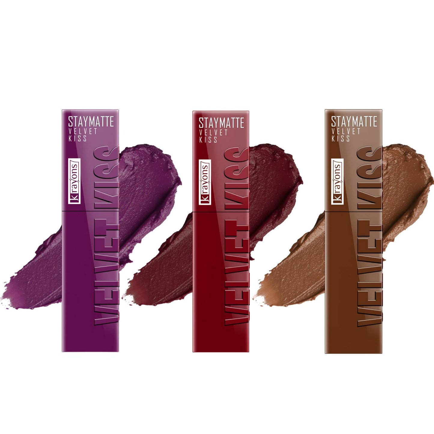 Krayons Velvet Kiss Liquid Lipstick |12hrs long stay|Intense Color Payoff | Weightless Matte Finish | Smudgeproof & Transferproof Lipstick for Women,Lipstick Combo Pack| Burgundy,Wow Maroon,Caramel Candy,10.5 ml- PACK OF 3
