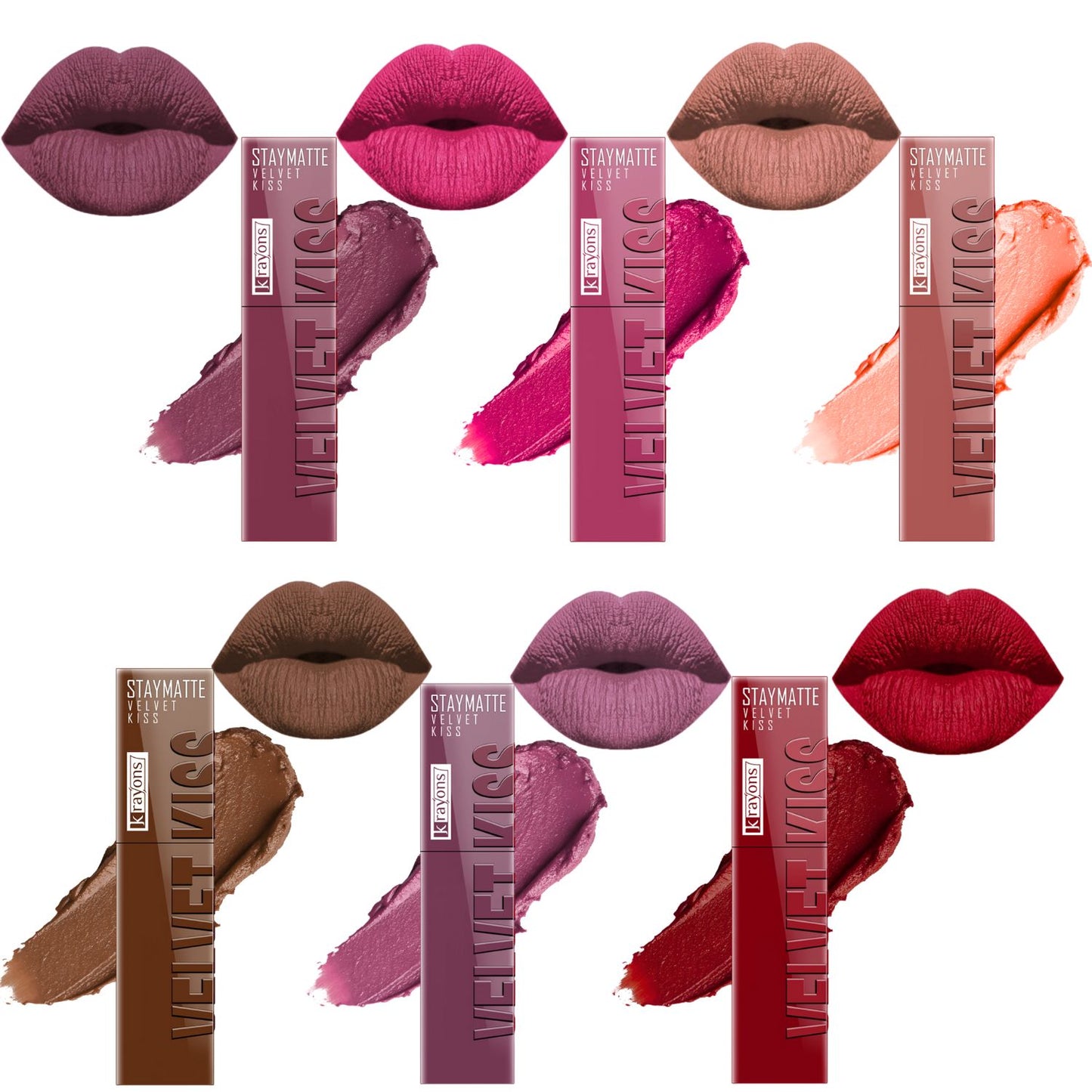 Krayons Velvet Kiss Liquid Lipstick |12hrs long stay|Intense Color Payoff | Weightless Matte Finish | Smudgeproof & Transferproof Lipstick for Women,Lipstick | Dusty Mauve,Pink Punch,Sheer Nude,Caramel Candy,Orchid Love,Ruby Red, 21ml- PACK OF 6