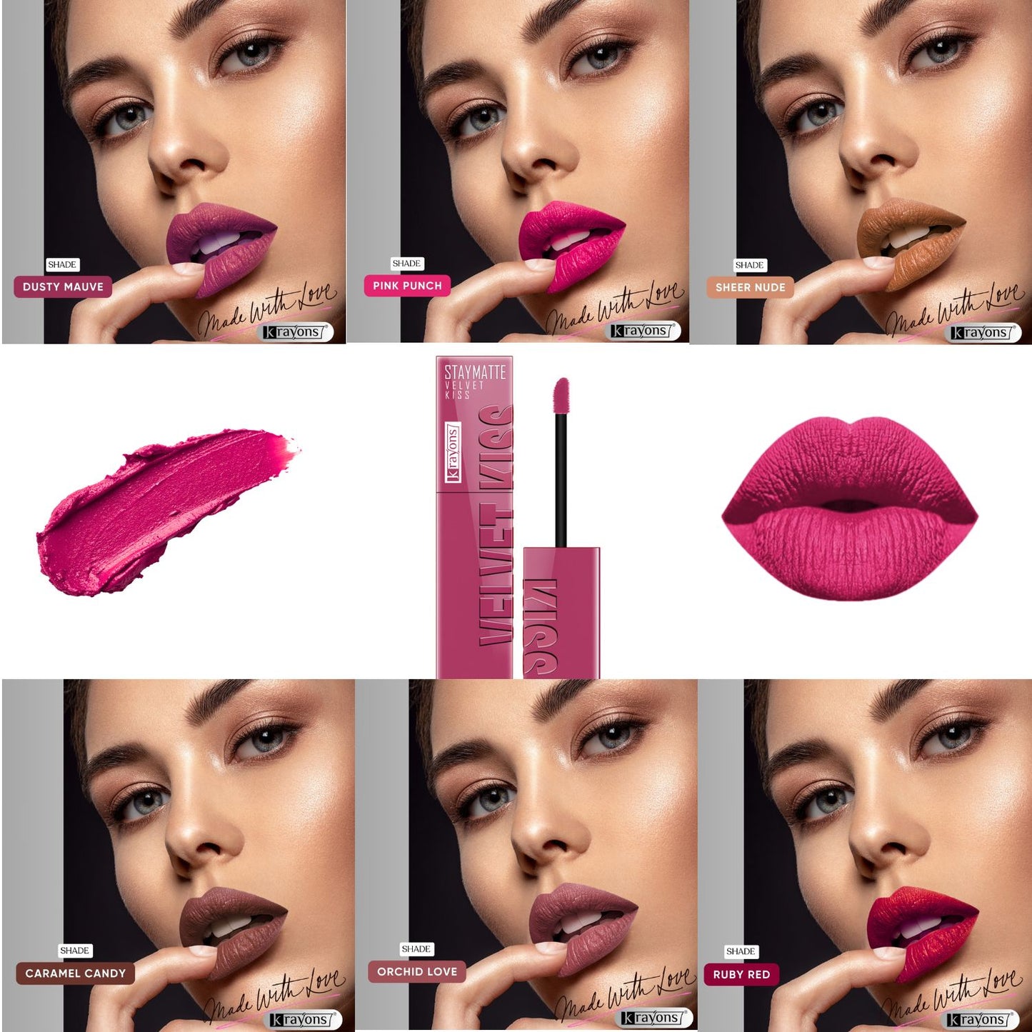 Krayons Velvet Kiss Liquid Lipstick |12hrs long stay|Intense Color Payoff | Weightless Matte Finish | Smudgeproof & Transferproof Lipstick for Women,Lipstick | Dusty Mauve,Pink Punch,Sheer Nude,Caramel Candy,Orchid Love,Ruby Red, 21ml- PACK OF 6