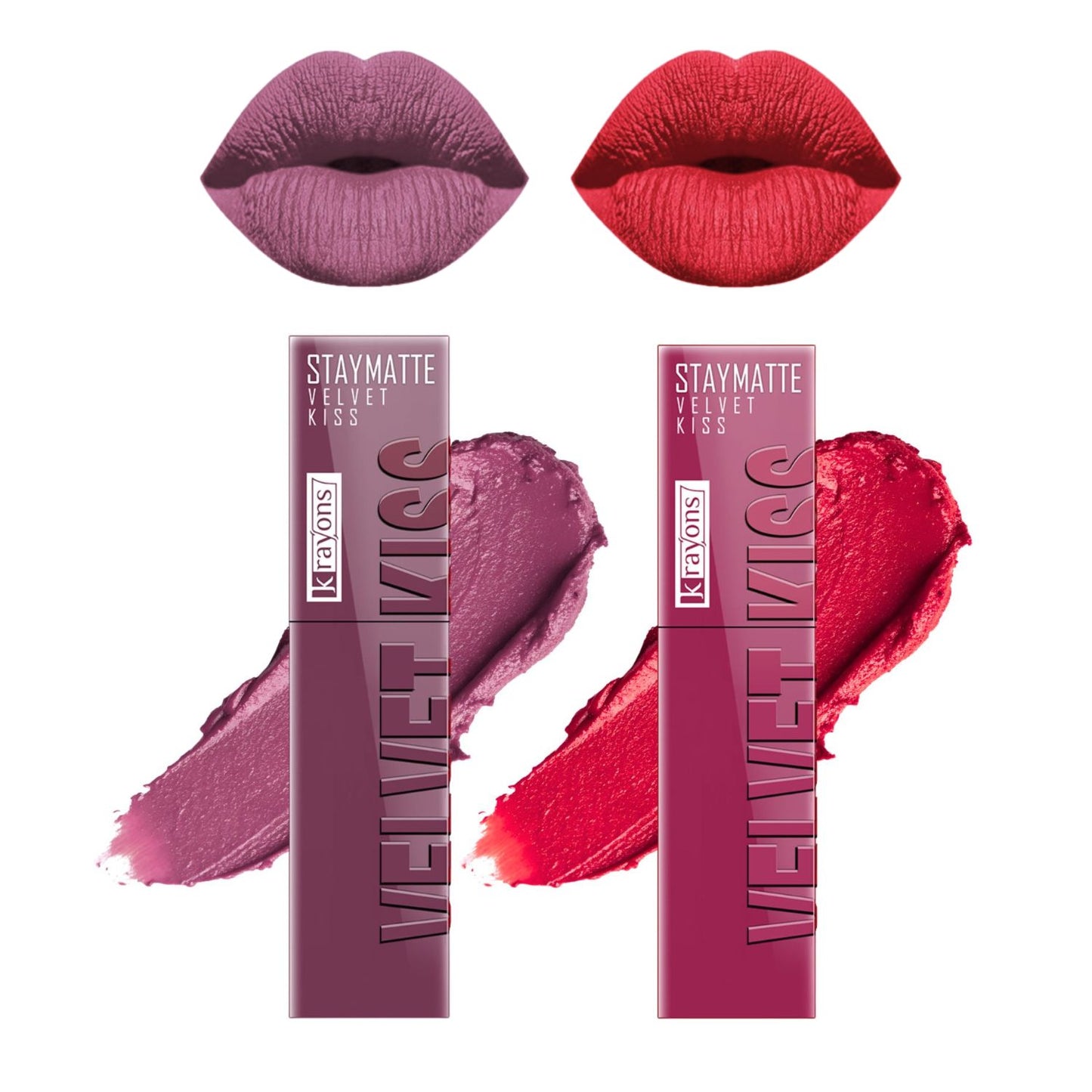 Krayons Velvet Kiss Liquid Lipstick |12hrs long stay|Intense Color Payoff | Weightless Matte Finish | Smudgeproof & Transferproof Lipstick for Women,Lipstick Combo Pack| Dusty Mauve,Peach Pink,7 ml- PACK OF 2